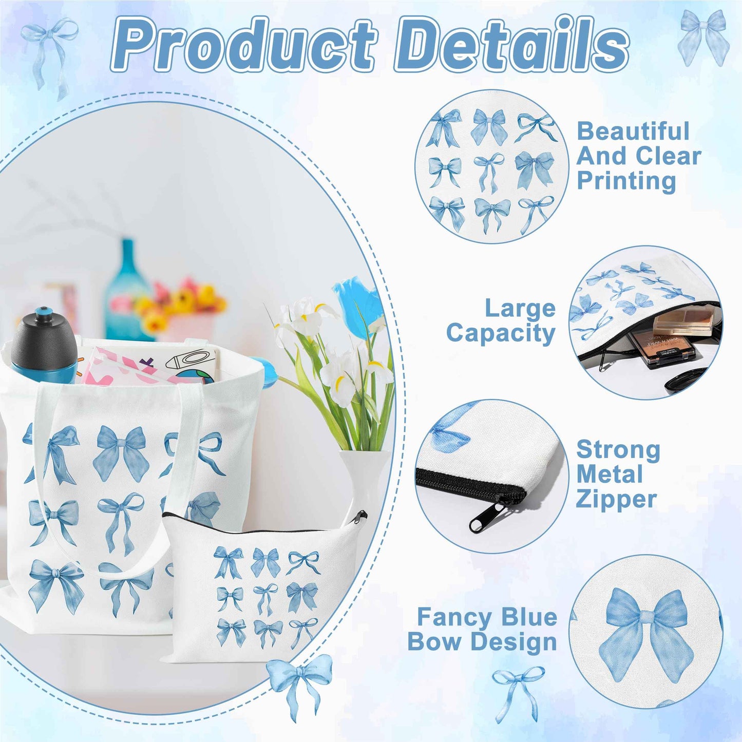 Y1tvei Blue Bows Canvas Bags - 2Pcs Cute Blue Coquette Aesthetic Tote Bag with Inner Pocket, Reusable Grocery Folding Shopping Bag, Bow Knot Zipper Makeup Pouch Gifts for Women Girls Daughter Mother