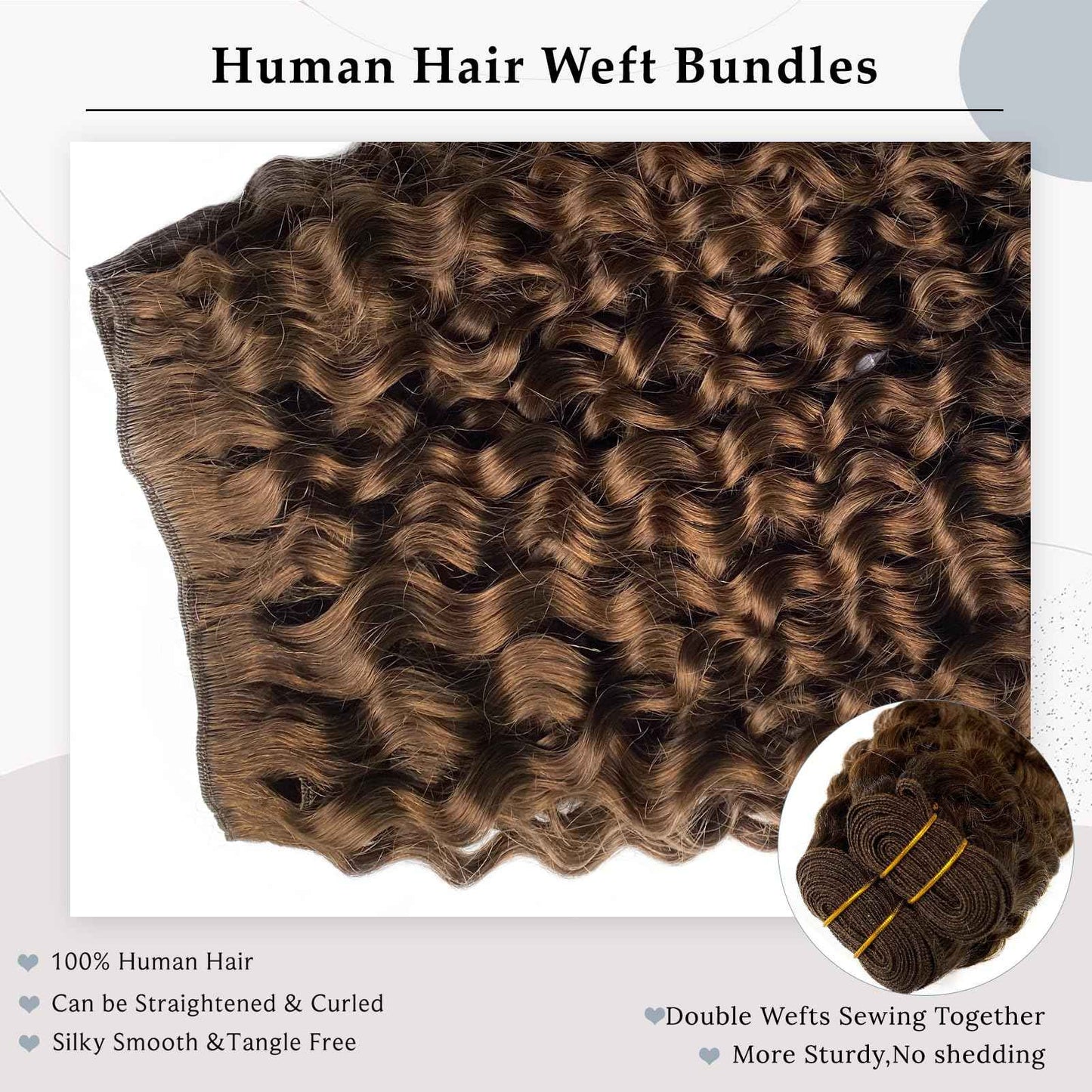 Sew in Hair Extensions Real Human Hair, Hand Tied Human Hair Weft Extensions 14 Inch Chocolate Brown Double Weft Full Head Curly Human Hair Weaves Bundles 80G Hair Wefts Weave Hair Extensions