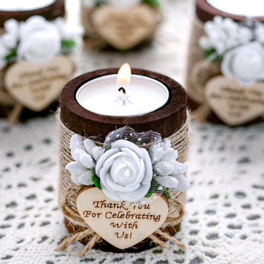 Ju's Favors 10 Piece Set of Wooden Tealight Candle Holders, Wedding Party Guest Favors, Thank You Favors, Guest Return Favors, Bridal Shower, Housewarming Gifts for Guests (Dark Brown+Rose)