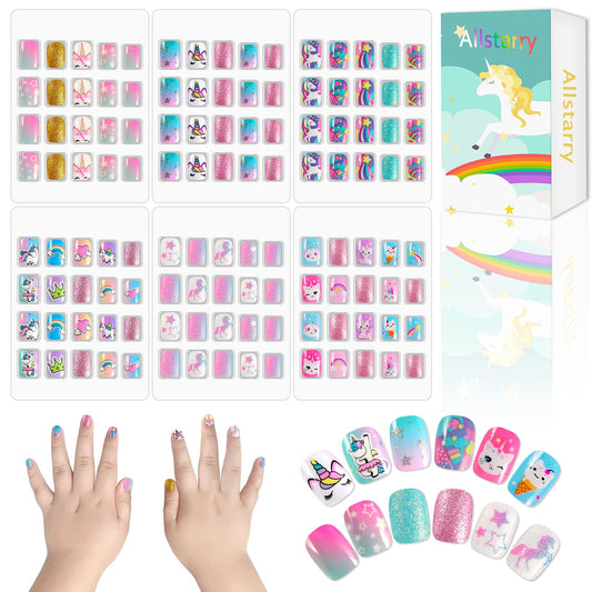 Allstarry 120pcs Children Nails Kids Fake Nails Short Press on Pre-glue Full Cover False Fingernails Lovely Gift for Children Little Girls Teenager Children's Day - Colorful Unicorn