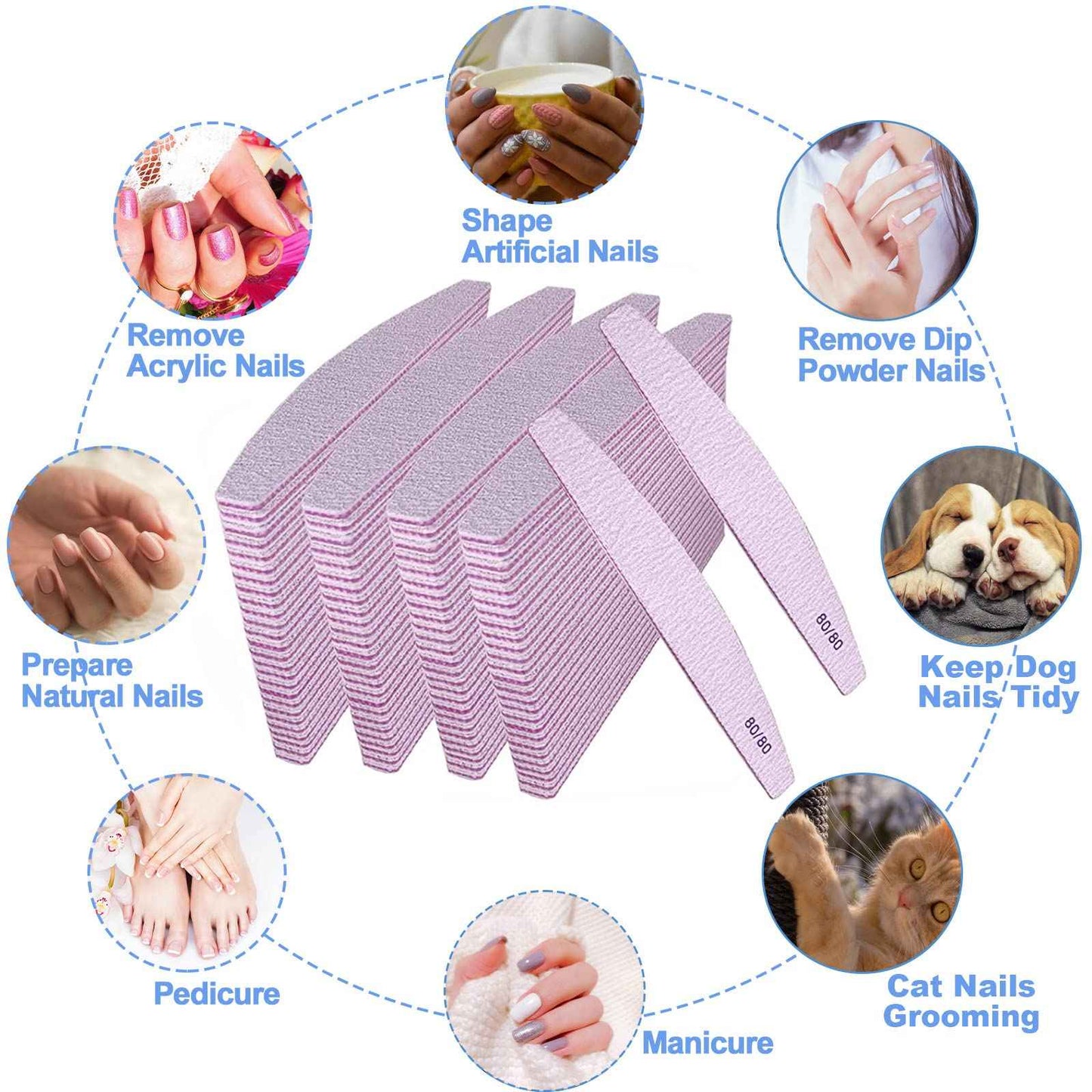 Nail Files 80/80 Grit (100 Pack), Emery Boards for Acrylic Nails and Gel Nails, Coarse Nail File 80 Grits Double Sided Emory Board Professional Nail Filers Reusable Washable Manicure Curved Gray Bulk