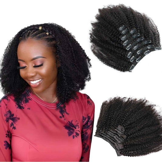 PangDongLai Afro Kinky Curly Clip In Hair Extensions Brazilian Virgin Human Hair 4B 4C Kinky Curly Clip Ins Hair Extensions 8pcs 18 Clips Natural Black Color for Daily Use (16inch)