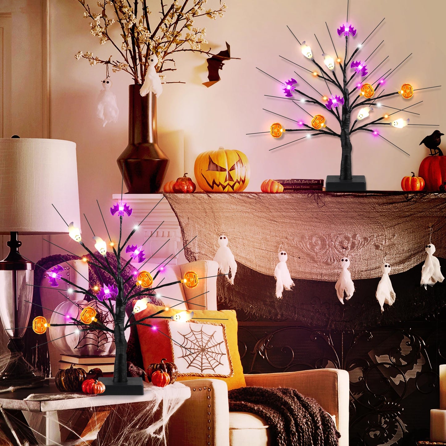 [Timer] 2 Pack 18" Black Halloween Tree, 48 LED Spooky Lighted Halloween Table Decor with Pumpkin Bat Ghost Lights, USB/Battery Operated Halloween Decorations Indoor Birch Tree for Home Party Mantle