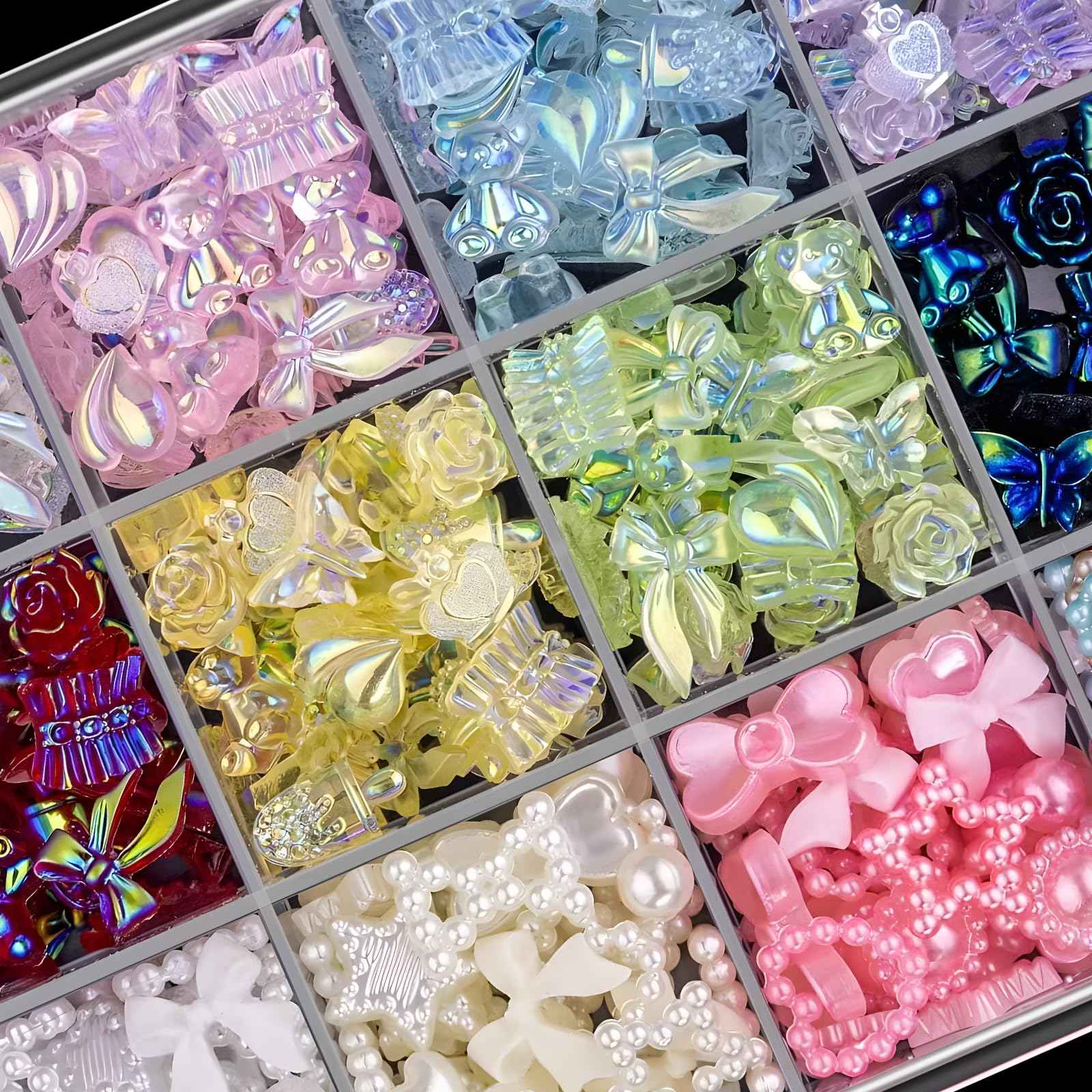 AddFavor Nail Charms Kit 3D Assorted Bow Nail Charms and Gem Pearls Bows Flower Nail Charms Heart Butterfly Fruit Acrylic Nail Charms for Nails Manicure DIY Design Crafts Accessories