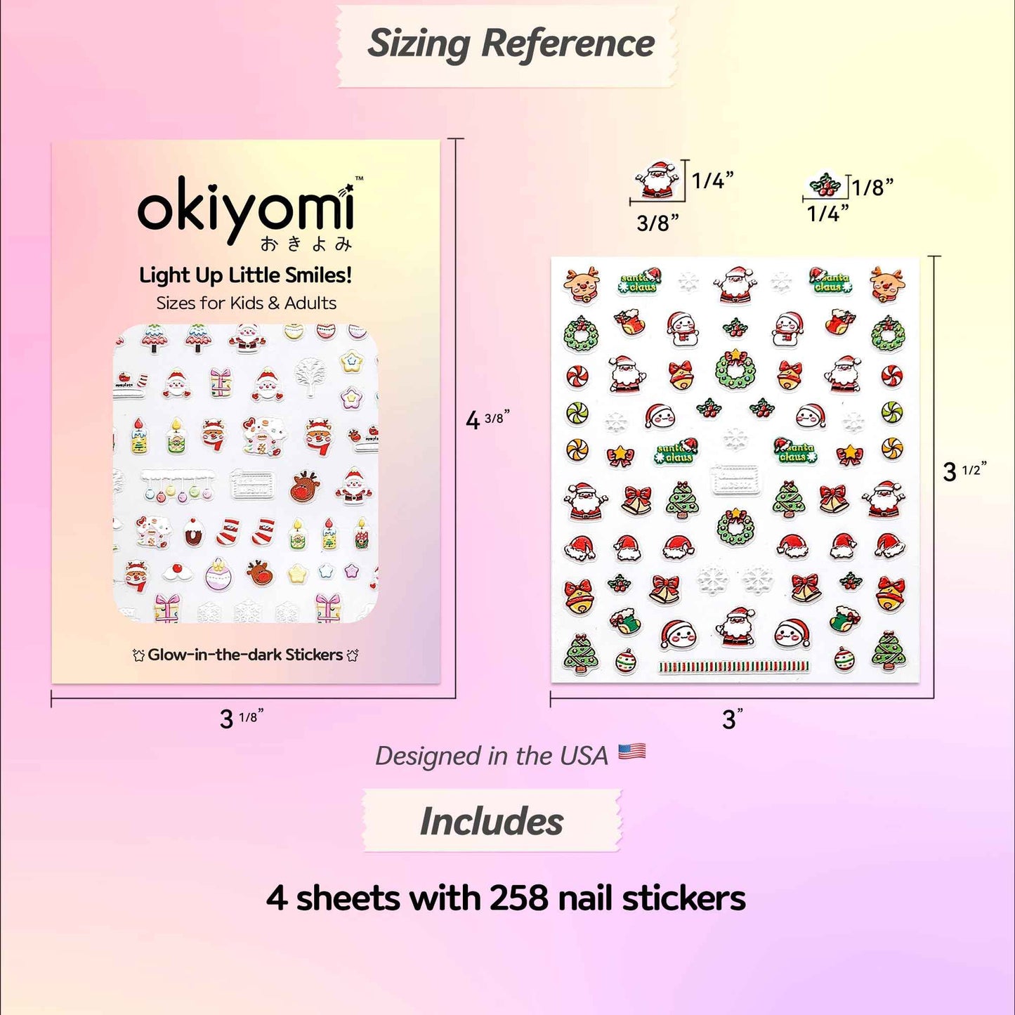 4 Sheets of 3D Christmas Nail Stickers - 258 Cute Nail Decals - Embossed Kawaii Nail Stickers for Kids | Cute Holiday Theme - Santa, Reindeer, Snowman, Gifts, Candy Cane | Glow in The Dark