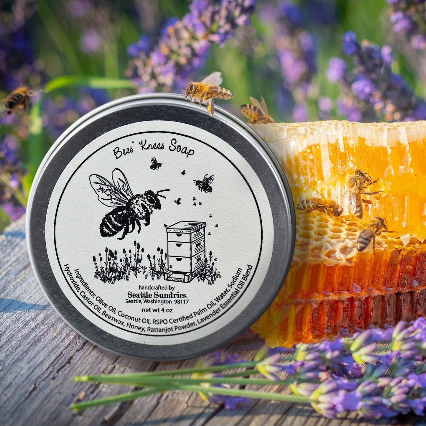 Seattle Sundries Lavender & Honey Soap Bar for Women & Men, 1 (4oz) All Natural Body Bar Soap in a Retro Aesthetic Tin, Fun Bee Themed Gift Idea from