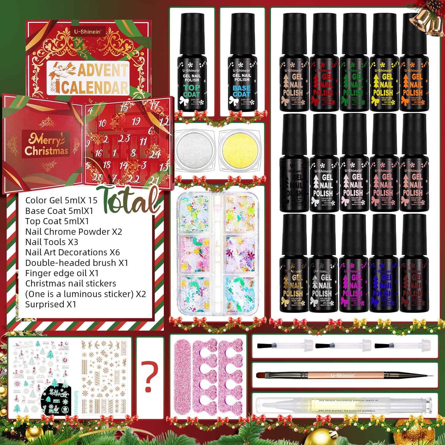 U-Shinein Nail Polish Advent Calendar 2025，24-Piece Nail Varnish Advent Calendar Christmas Calendar for Women and Girls, Nail Polish Colours Kit, Nail Art Tool Glitter Decorations Care and Accessories