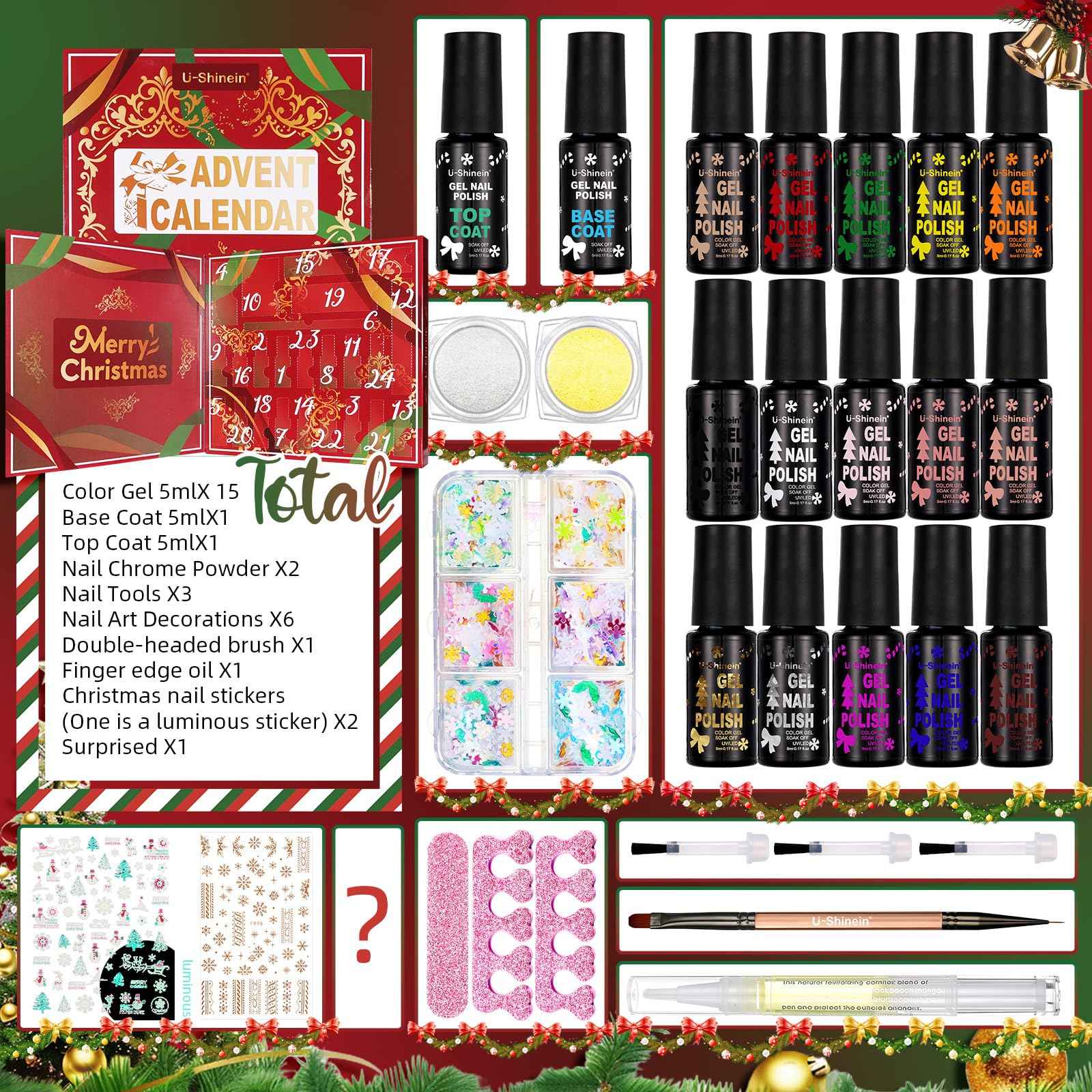 U-Shinein Nail Polish Advent Calendar 2025，24-Piece Nail Varnish Advent Calendar Christmas Calendar for Women and Girls, Nail Polish Colours Kit, Nail Art Tool Glitter Decorations Care and Accessories