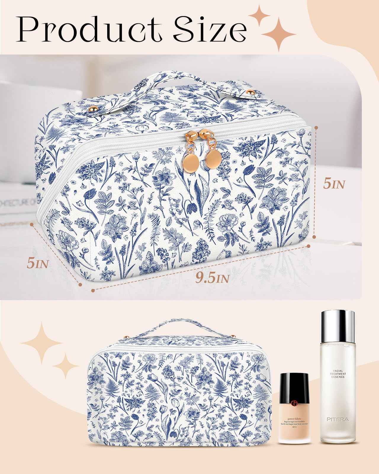Bistup Makeup Bag Travel Cosmetic Bag Toiletry Make Up Bags Cute Women Large Capacity Big Medium Leather Blue Floral Aesthetic Girl Teen Teenage Foldable Expandable Open Flat Zip
