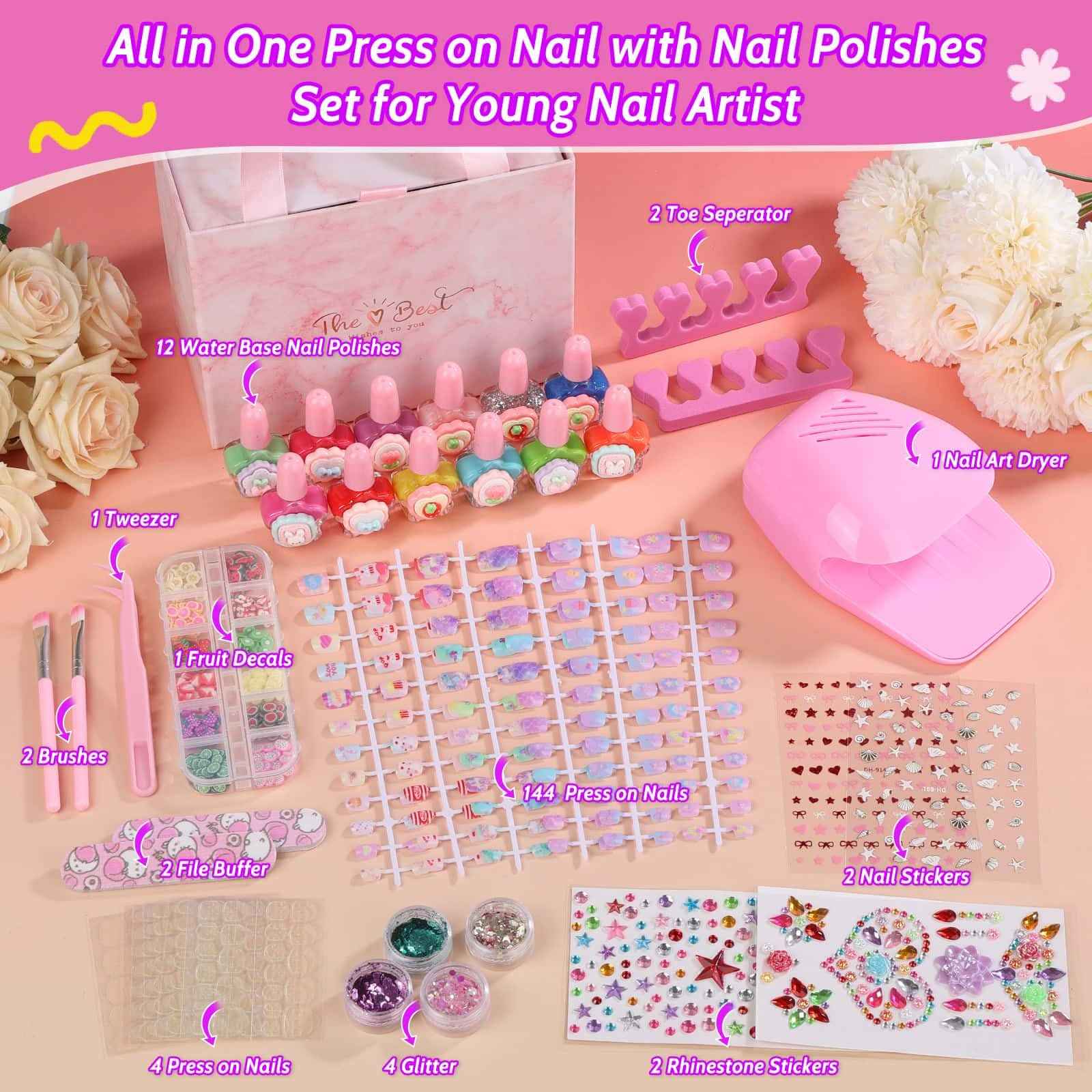 Kids Nails and Nail Polish for Girls, 144 Mini Press On for Kids, 12 Non-Toxic Nail Polish, Dryer, Gems Stickers, Cute Nail Stuff Gift for Girls Age 8-12