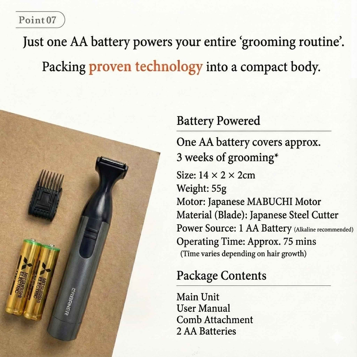 URBANER Mustache Trimmer – Cordless, Waterproof & Adjustable, 0.5–14mm Precision Settings, Lightweight Grooming Clipper with Japanese Steel Blade for Travel Use, Beard Trimmer for Men, Hair Clippers