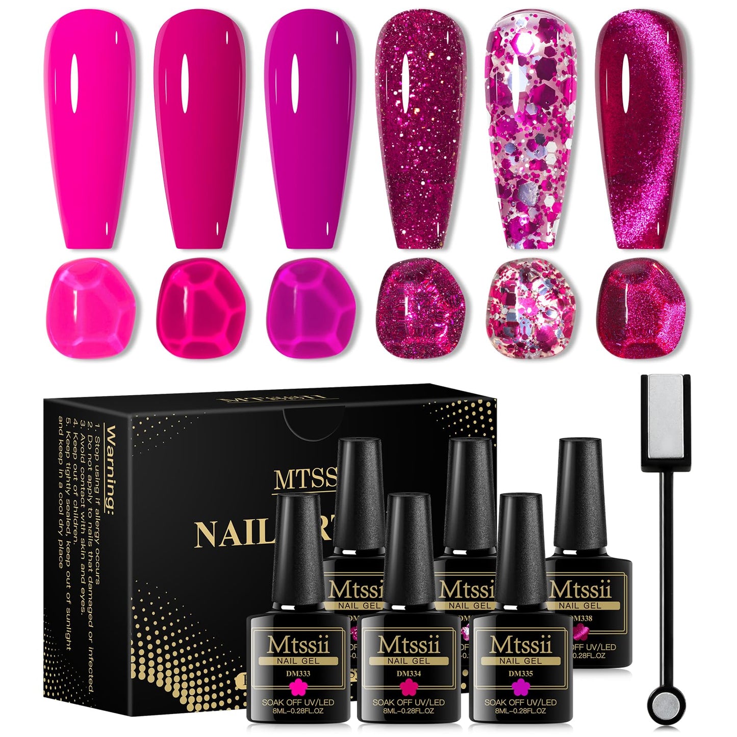 MTSSII Hot Pink Gel Nail Polish and Cat Eye Gel Nail Polish Spring Summer Hot Pink Red Purple Reflective Glitter Gel Polish for DIY Nail Art at Home