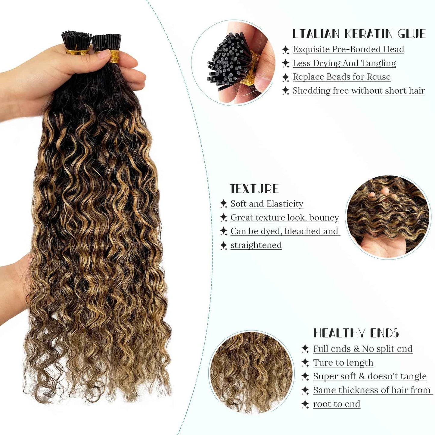 I Tip Hair Extensions Human Hair, Ombre Itip Human Hair Extension 100s Water Wave Natural Black Ombre Caramel Brown I Tip Hair Extensions Real Human Hair for Short Hair 50g 16"