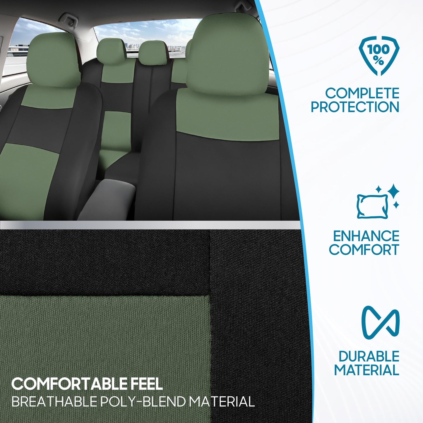 BDK PolyPro Car Seat Covers Full Set in Green on Black, Front and Rear Split Bench Seat Covers for Cars, Easy to Install Car Seat Cover Set, Car Accessories for Auto Trucks Van SUV - Green