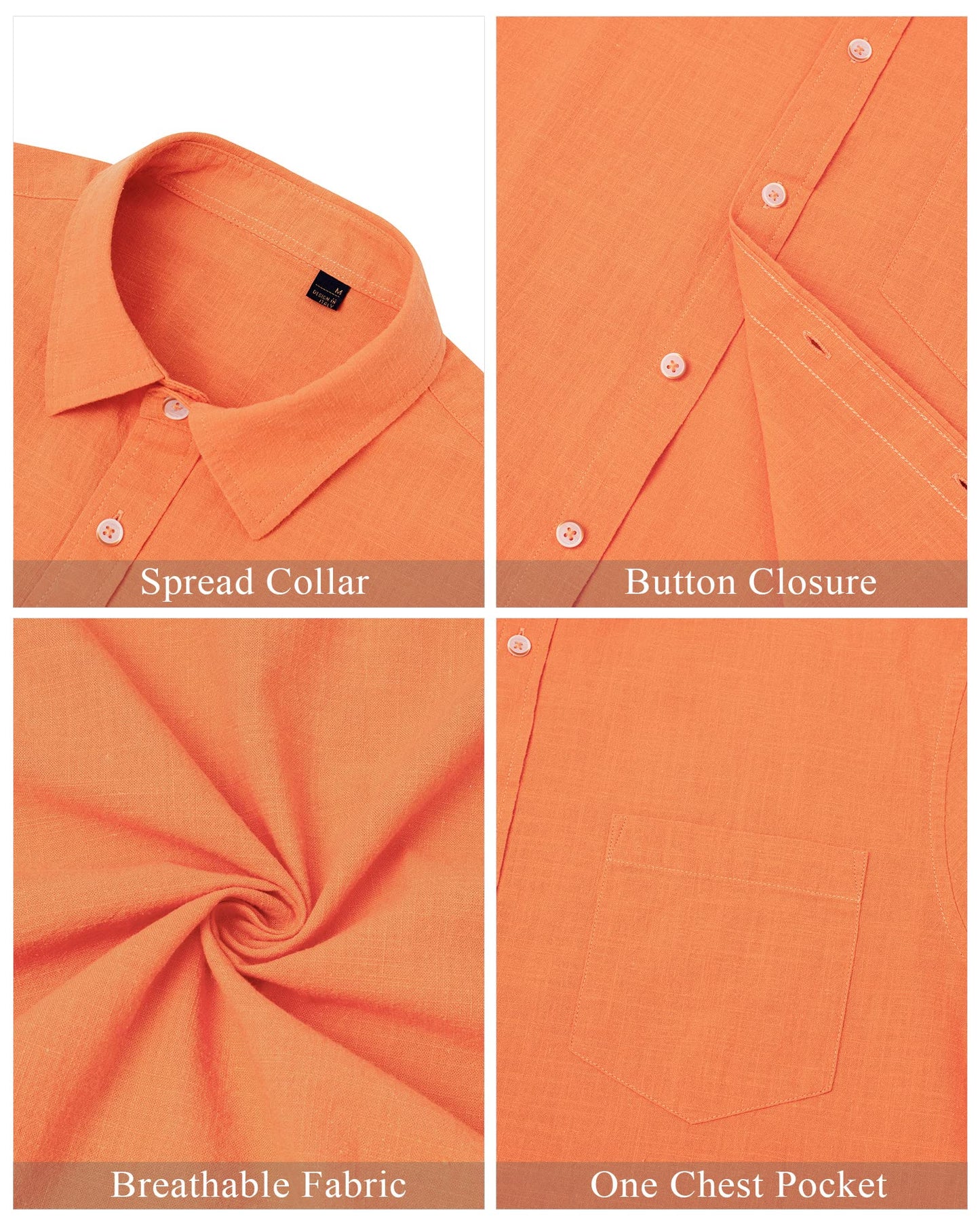 J.VER Men's Half Sleeve Linen Shirts Solid Casual Button Down Shirts Summer Beach T-Shirt with Pocket Orange Medium