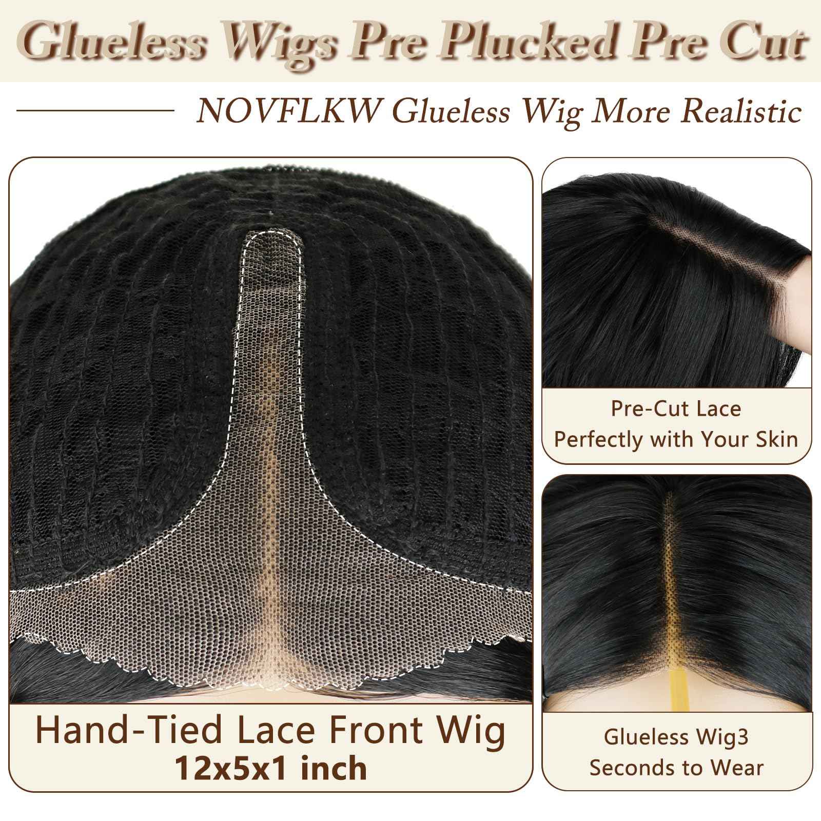 NOVFLKW Black Short Wavy Wig for Women Shoulder Length Middle Part with Pre Cut Lace Hairline Wavy Wig Natural Appearance Synthetic Heat Resistant Fiber for Everyday Hairstyle 16 Inch