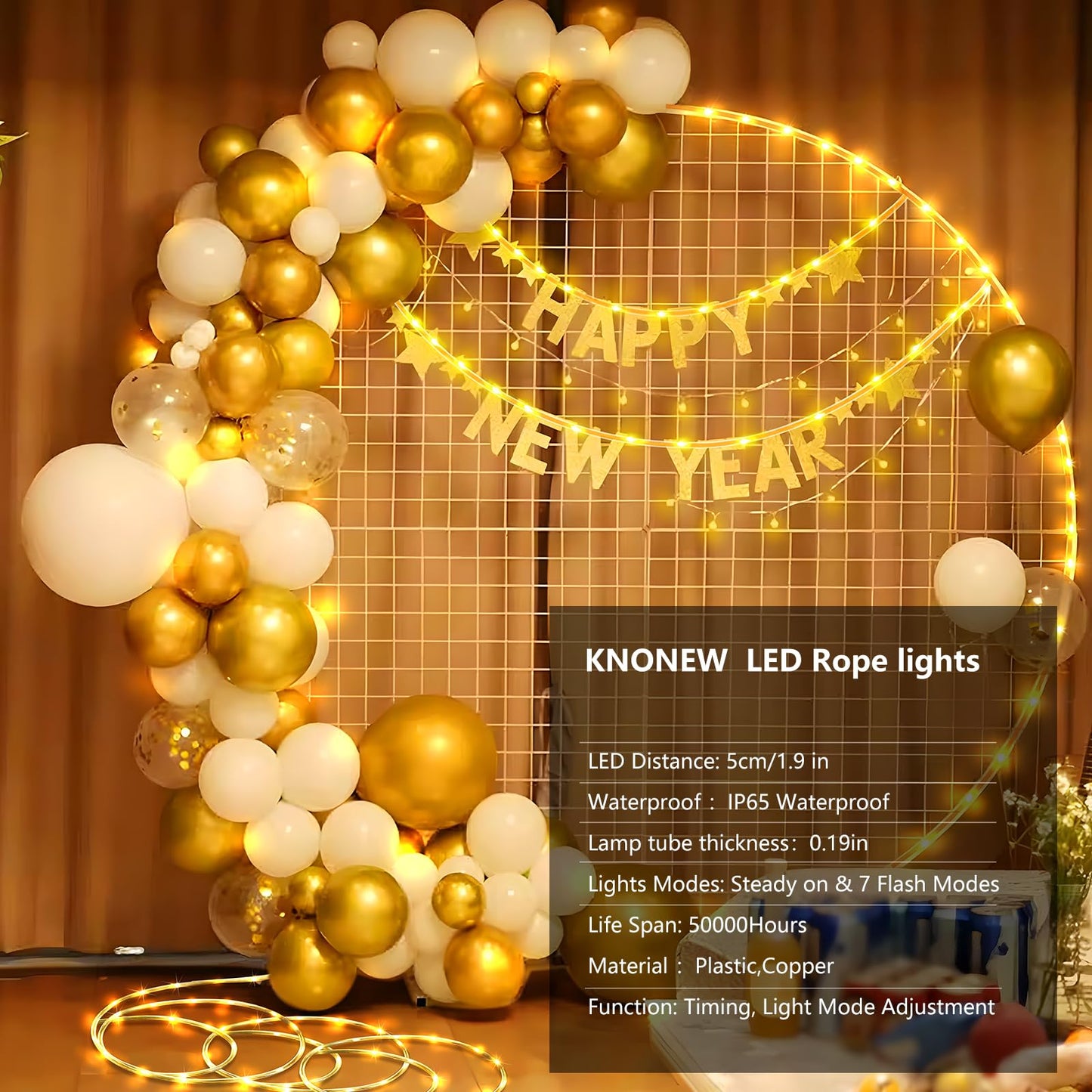 KNONEW 50FT Rope Lights Outdoor Indoor,300LED String Lights Waterproof 8 Modes Clear Tube Lights for Outside,Bedroom,Wedding,Garden,Patio,Christmas,Tree,Rv,Holiday Decoration(Warm White)