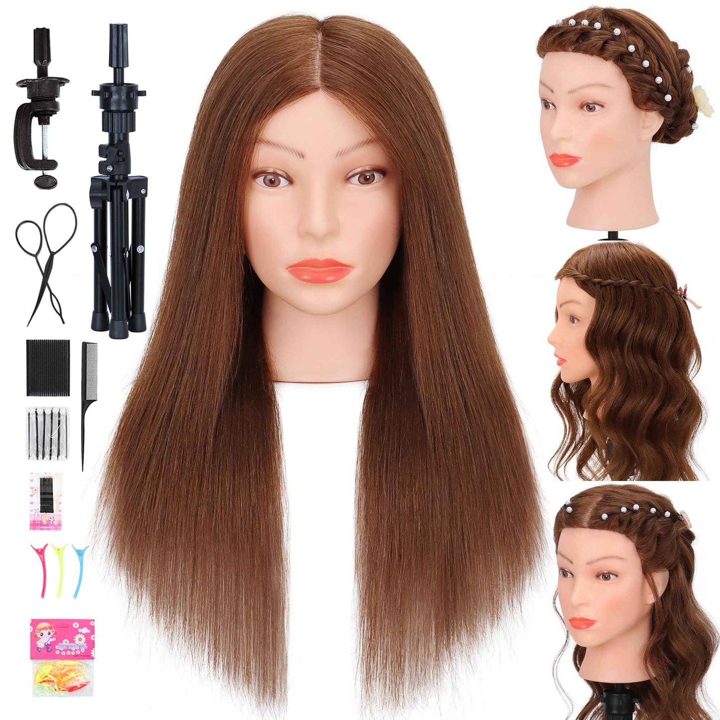 Mannequin Head Human Hair 100% Real Hair Cosmetology Mannequin Head for Practice Braiding Hairstyling Cutting with Tools and Tripod Stand (Dark Brown)