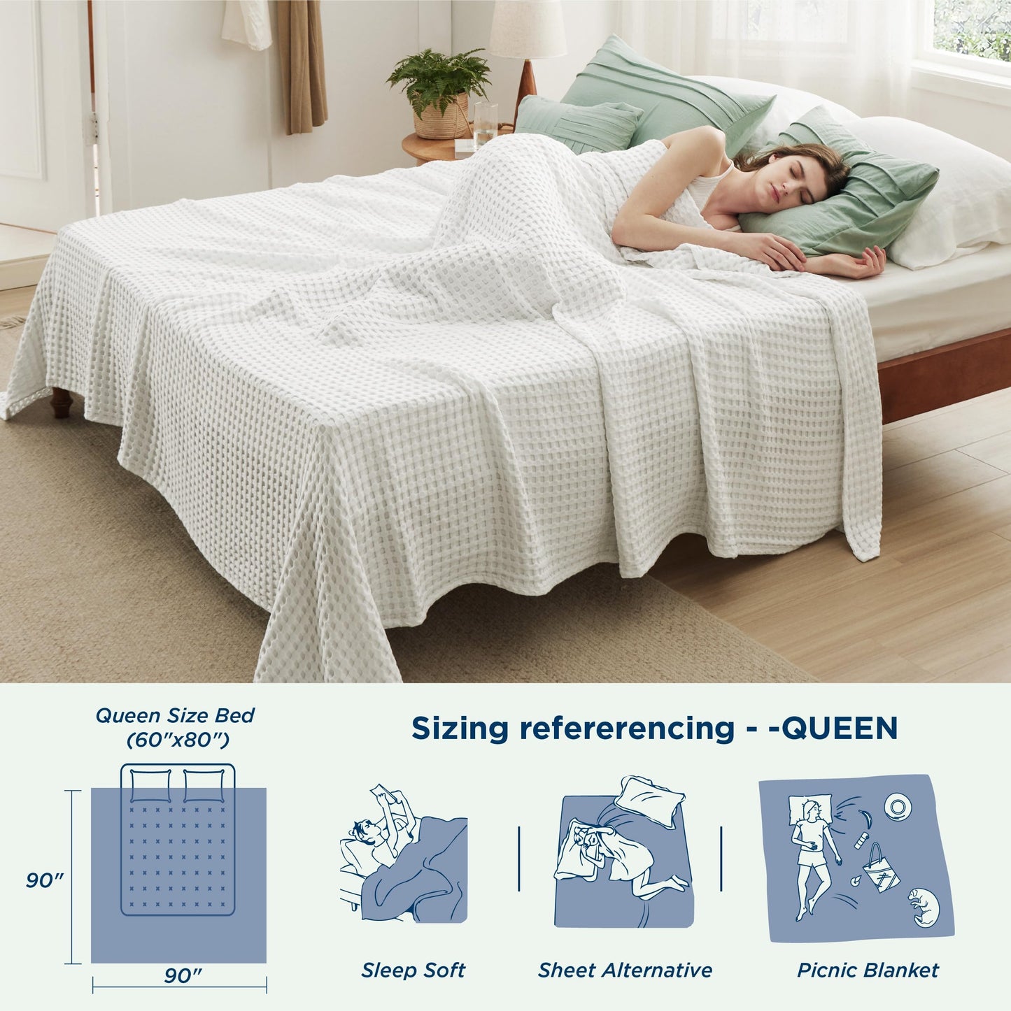 Bedsure Cooling Cotton Waffle Queen Size Blanket - Lightweight Breathable Blanket of Rayon Derived from Bamboo for Hot Sleepers, Luxury Throws for Bed, Couch and Sofa, Fog Blue, 90x90 Inches