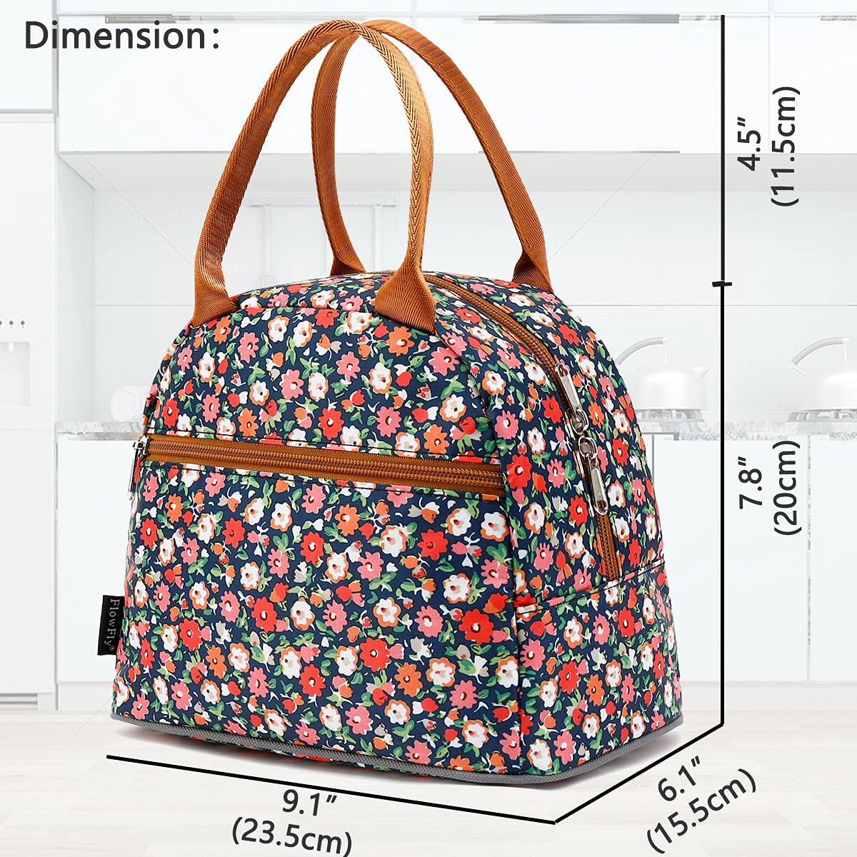 FlowFly Insulated Lunch Bag for Women, Men, and Kids, Large and Reusable, Handle, Freezable Work and School Travel Tote and Meal Prep Organizer, Waterproof Polyester,Floral