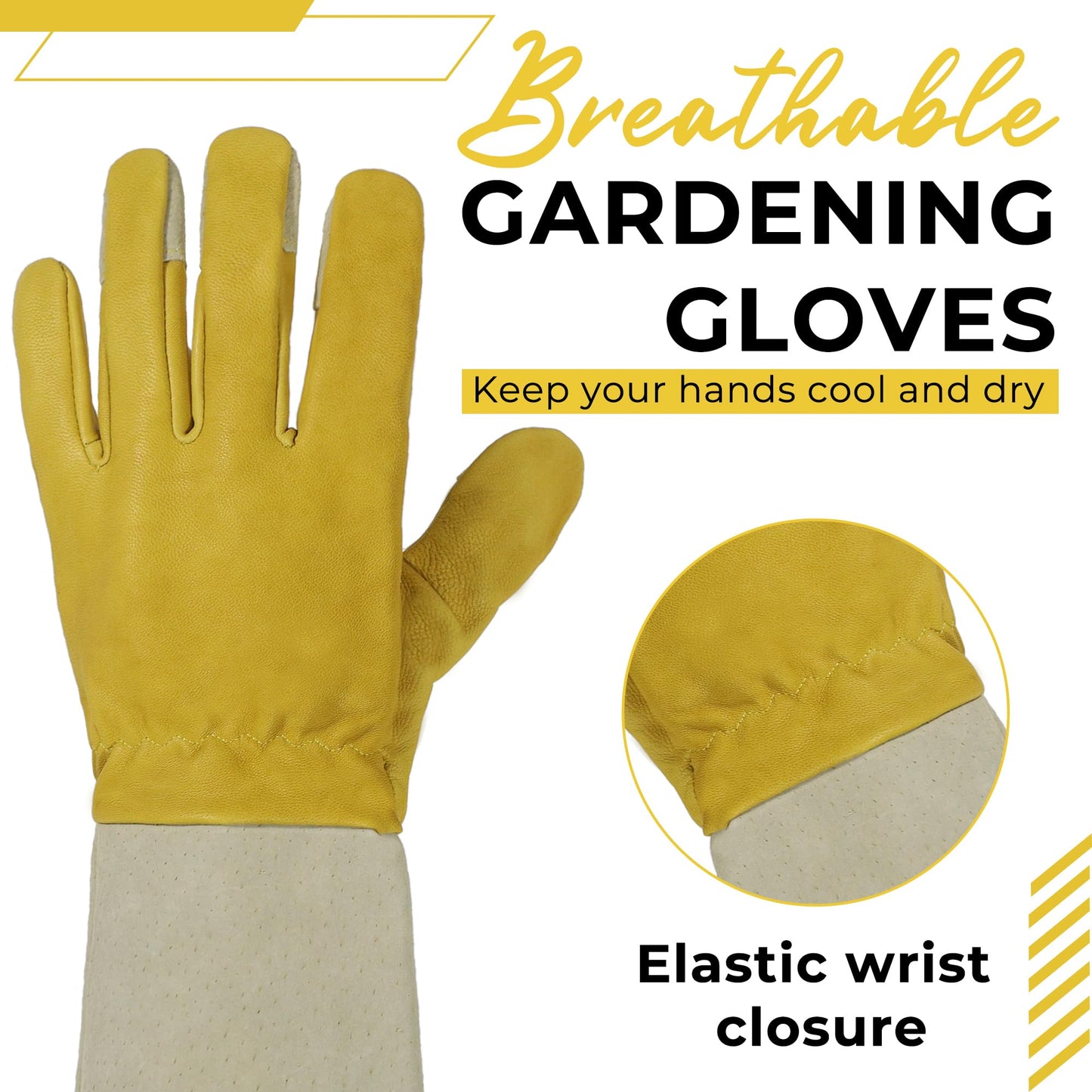 HANDLANDY Rose Pruning Gloves for Men & Women, Thorn Proof Long Garden Gloves, Gardening Gifts for Gardeners (Yellow- goatskin, Medium (Pack of 1))