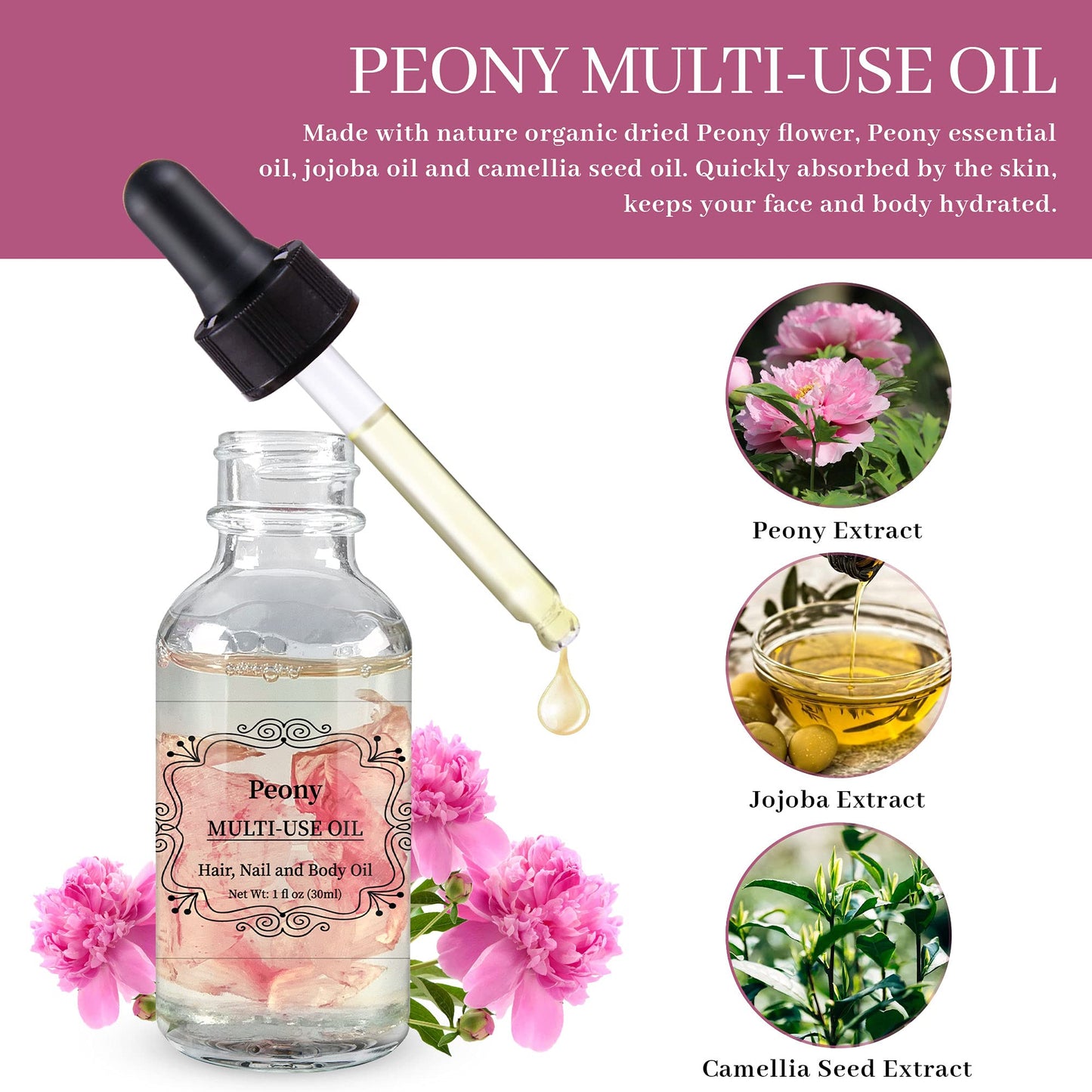 NP NATURES PHILOSOPHY Peony Multi-Use Oil for Face, Body and Hair - Organic Plant Fragrant Essential Oil for Dry Skin, Scalp and Nails - 1 Fl Oz