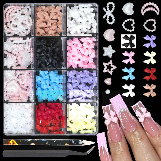 3D Nail Charms and Flatback Pearls Set, 8 Colors Nail Bows+Pink&White Star Heart Moon Cute Nail Jewels+White Nail Pearls for Nail Art DIY Decoration with Pick Up Tweezers and Nail Rhinestone Picker