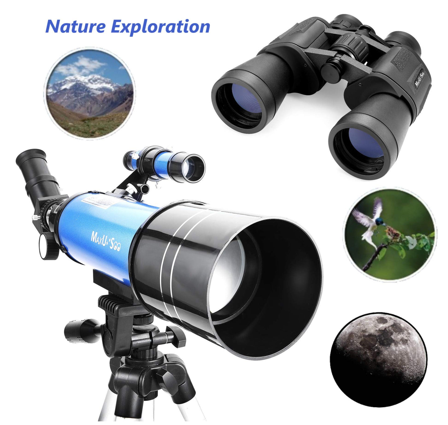 MaxUSee Travel Telescope with Backpack - 70mm Refractor Telescope & 10X50 HD Binoculars Bak4 Prism FMC Lens for Moon Viewing Bird Watching Sightseeing