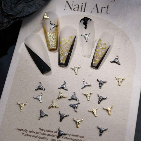 30pcs Bull Head Charms - Halloween Retro Metal Alloy Art Accessories for Nail Decor - Cute Mixed Color Designs in Gold, Silver, Gun Black