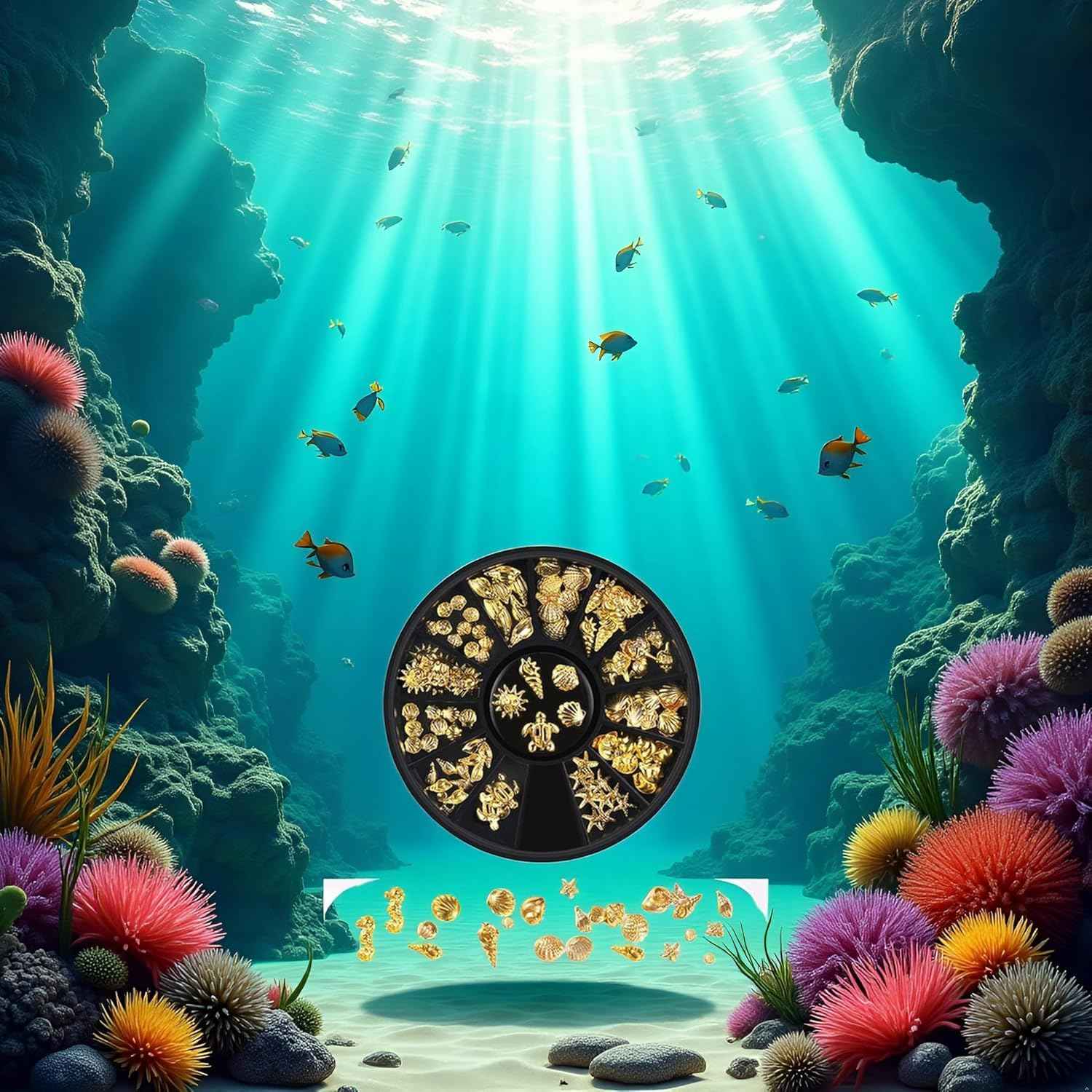 12 Styles Golds Nail Art Metal Studs Metallic 3D Pieces Rivet Palm Tree Turtles Marine Life Charms for Summer Beach Manicure DIY Acrylic Nails Design Supply Nail Art and Polish (Gold Ocean Studs)