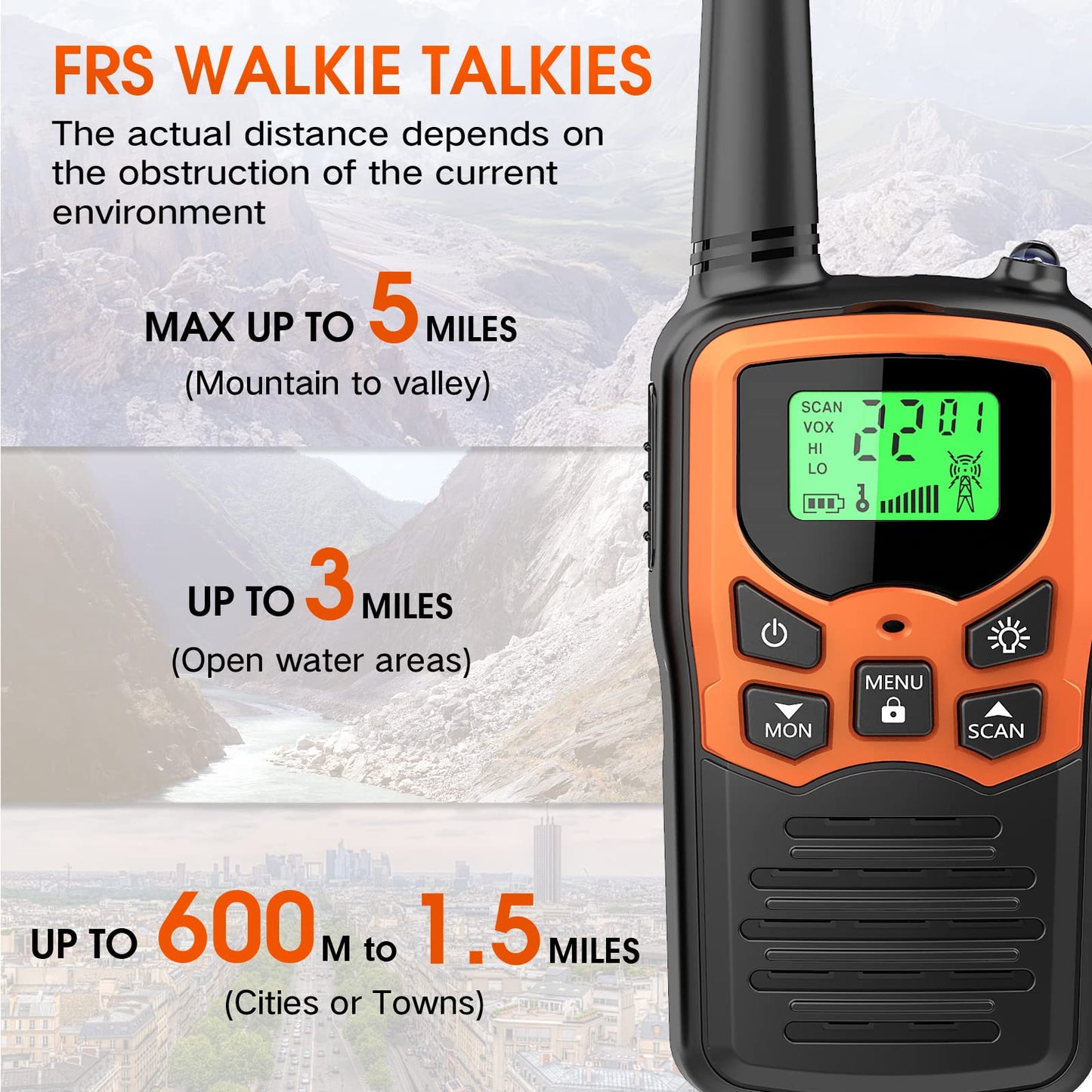 Walkie Talkies with 22 FRS Channels MOICO Walkie Talkies for Adults with LED Flashlight VOX Scan LCD Display, Long Range Family Radios for Hiking Camping Trip (Orange, 4 Pack)