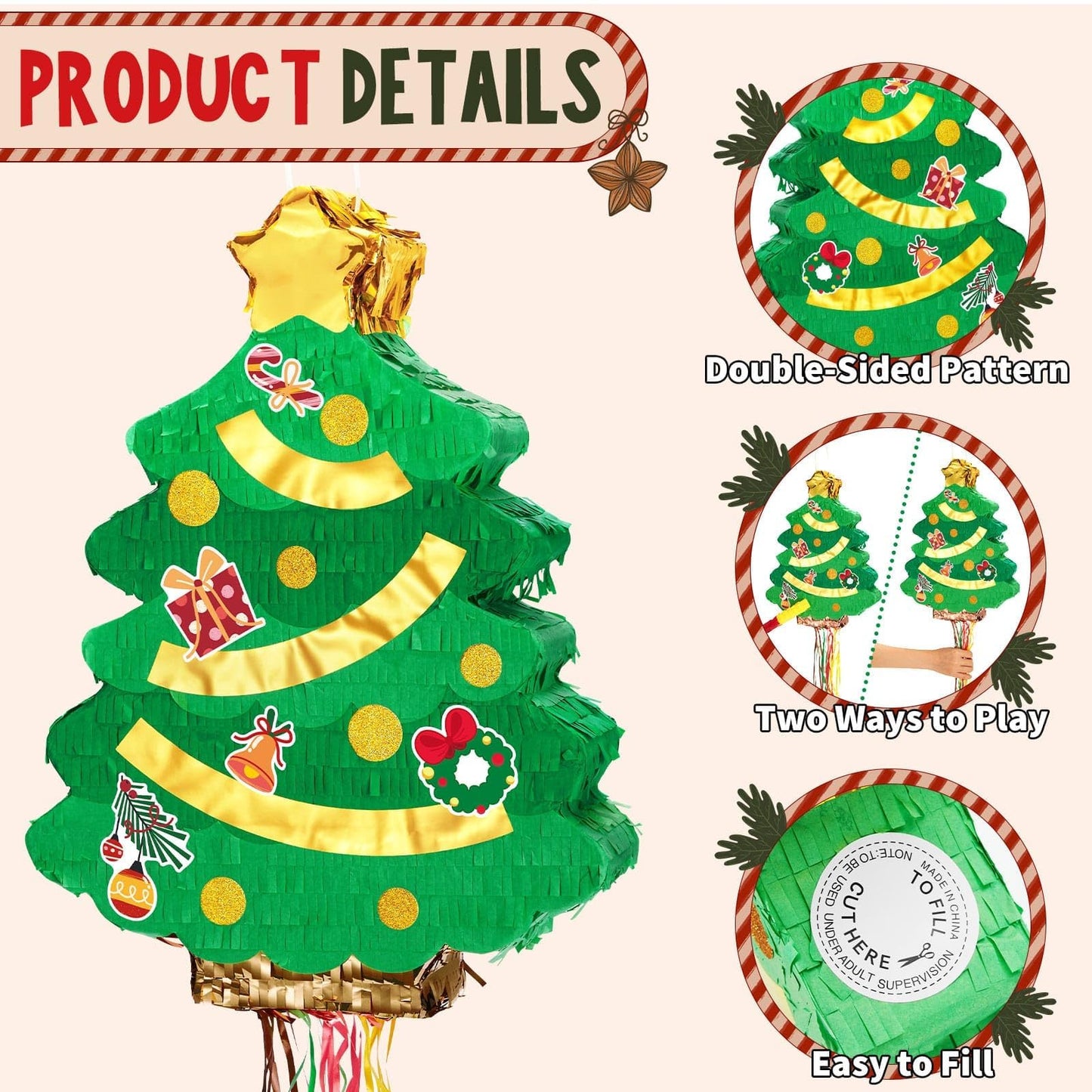 WERNNSAI Christmas Tree Piñata - Christmas Pull String Piñata for Kids Christmas Tree Piñata with Blindfold and Bat for Xmas Christmas Bday Party Supplies Christmas Games Christmas Gifts 16.5” x 12.4”