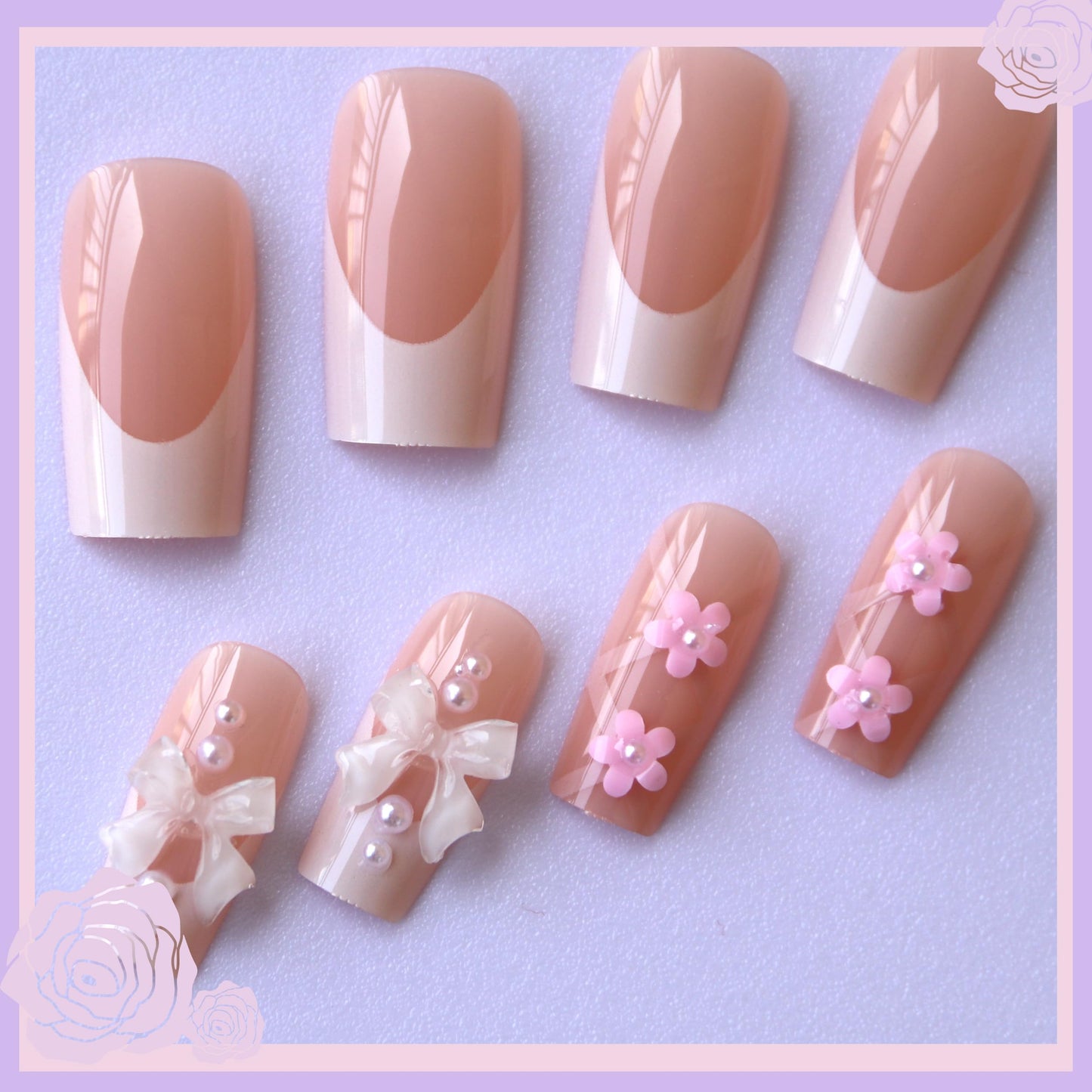 Pink Press on Nails Kit with Charms Gems French Tip Nails Press Ons Medium Square Fake Nails Artificial Coffin Gel Like Glossy 3D Flower Pearl White Bowknot False Nail Manicure for Women Girl