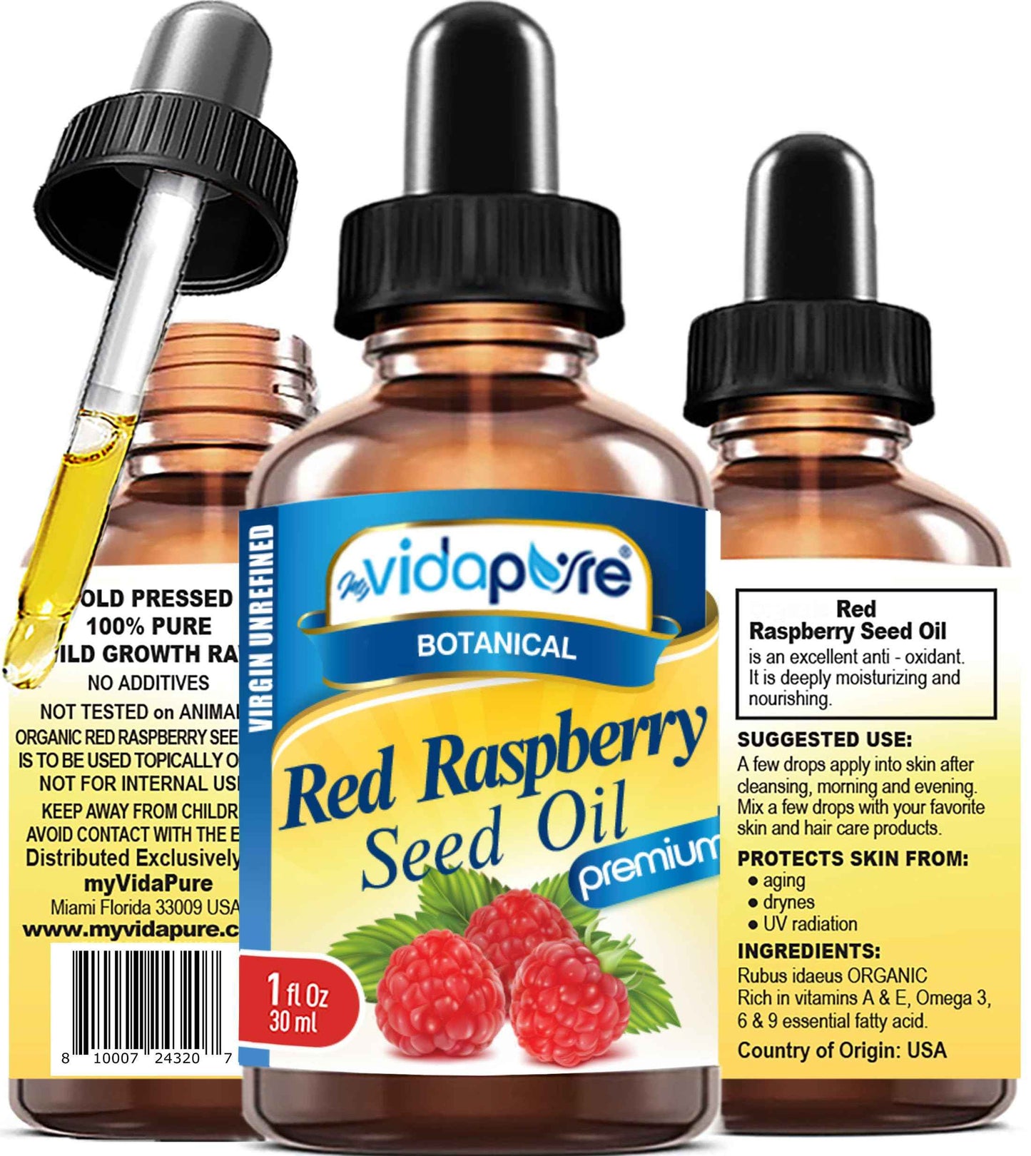 MYVIDAPURE RED RASPBERRY SEED OIL Rubus idaeus WILD GROWTH RAW 100% Pure VIRGIN UNREFINED Undiluted for Skin, Face, Hair, Lip and Nail Care. (1 Fl Oz)