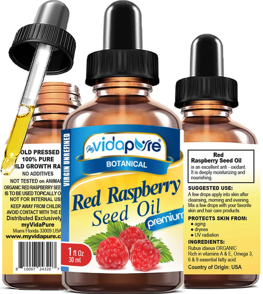 MYVIDAPURE RED RASPBERRY SEED OIL Rubus idaeus WILD GROWTH RAW 100% Pure VIRGIN UNREFINED Undiluted for Skin, Face, Hair, Lip and Nail Care. (1 Fl Oz)