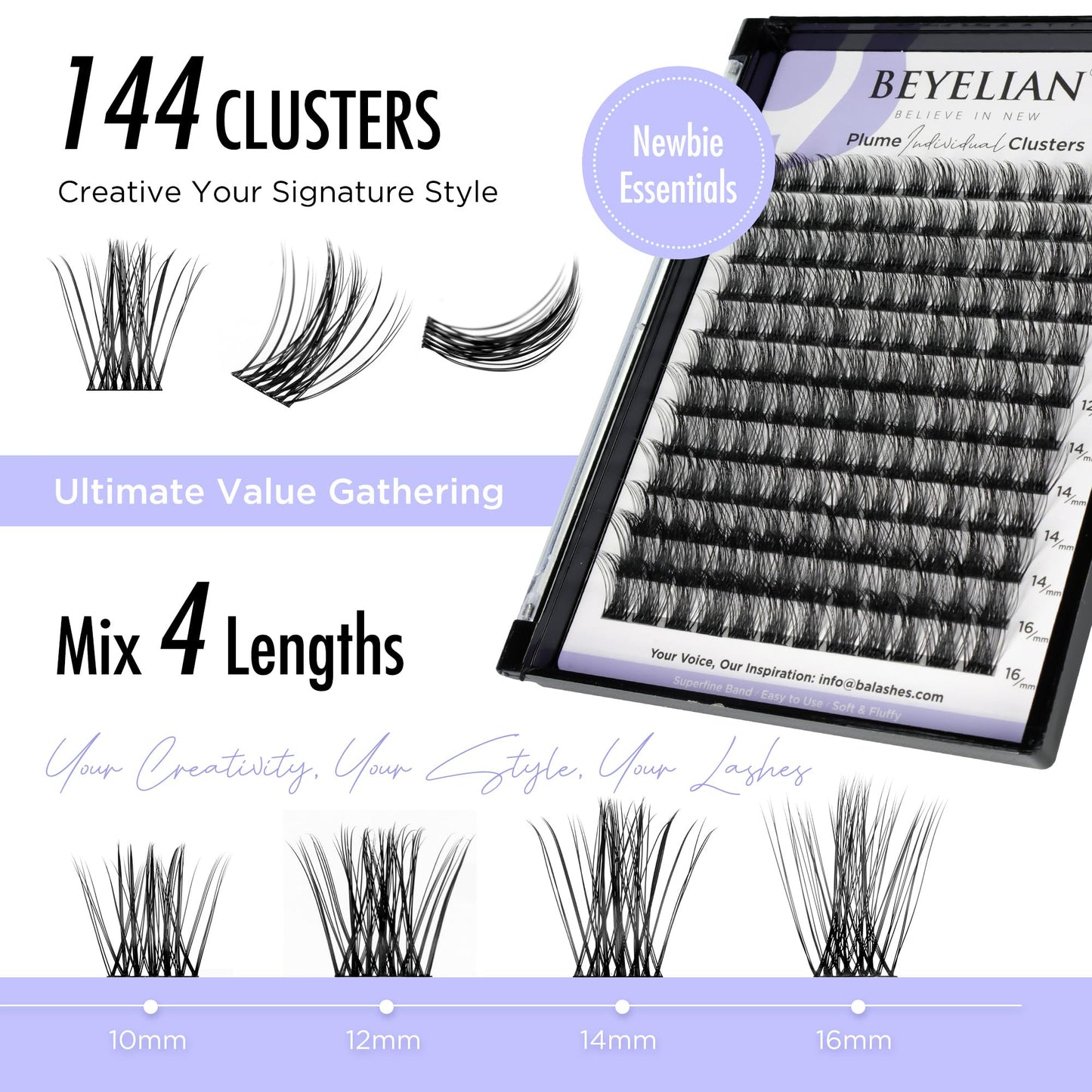 BEYELIAN Lash Clusters D Curl Cluster Eyelash Extensions 10-16mm Mixed 144 Pcs Lash Extension Clusters Black Super Thin Band Cluster Lashes Fluffy Dense Volume Easy to Apply DIY at Home (719)