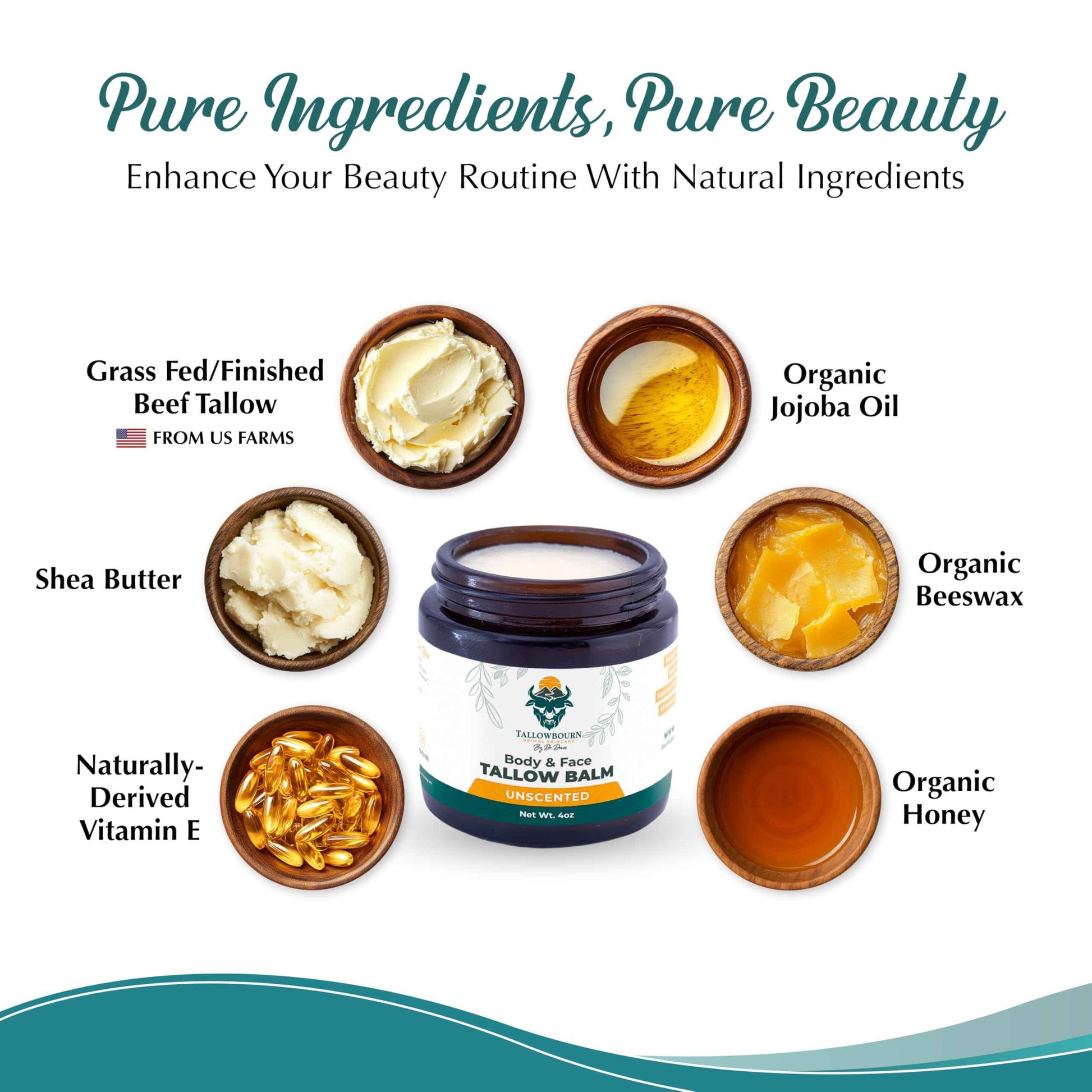 Tallowbourn Grass Fed Beef Tallow Balm for Face and Body with Shea Butter, Organic Jojoba Oil, Honey, and Beeswax – Beef Tallow for Skin – Unscented Balm – 4 oz