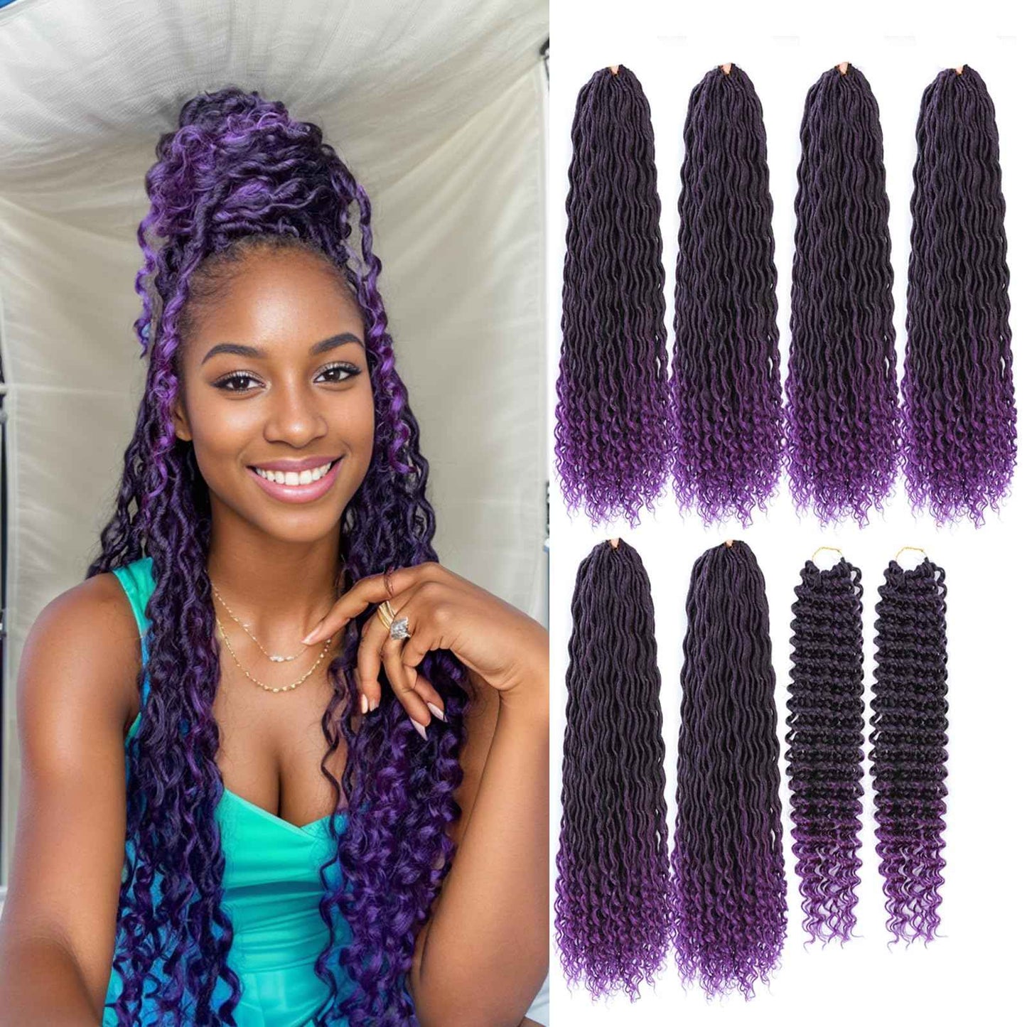 Purple Boho Goddess Locs Crochet Hair 8 Packs 22 inch River Locs Crochet Hair Boho Faux Locs Crochet Braids with Curly Ends(T1B/Purple#)