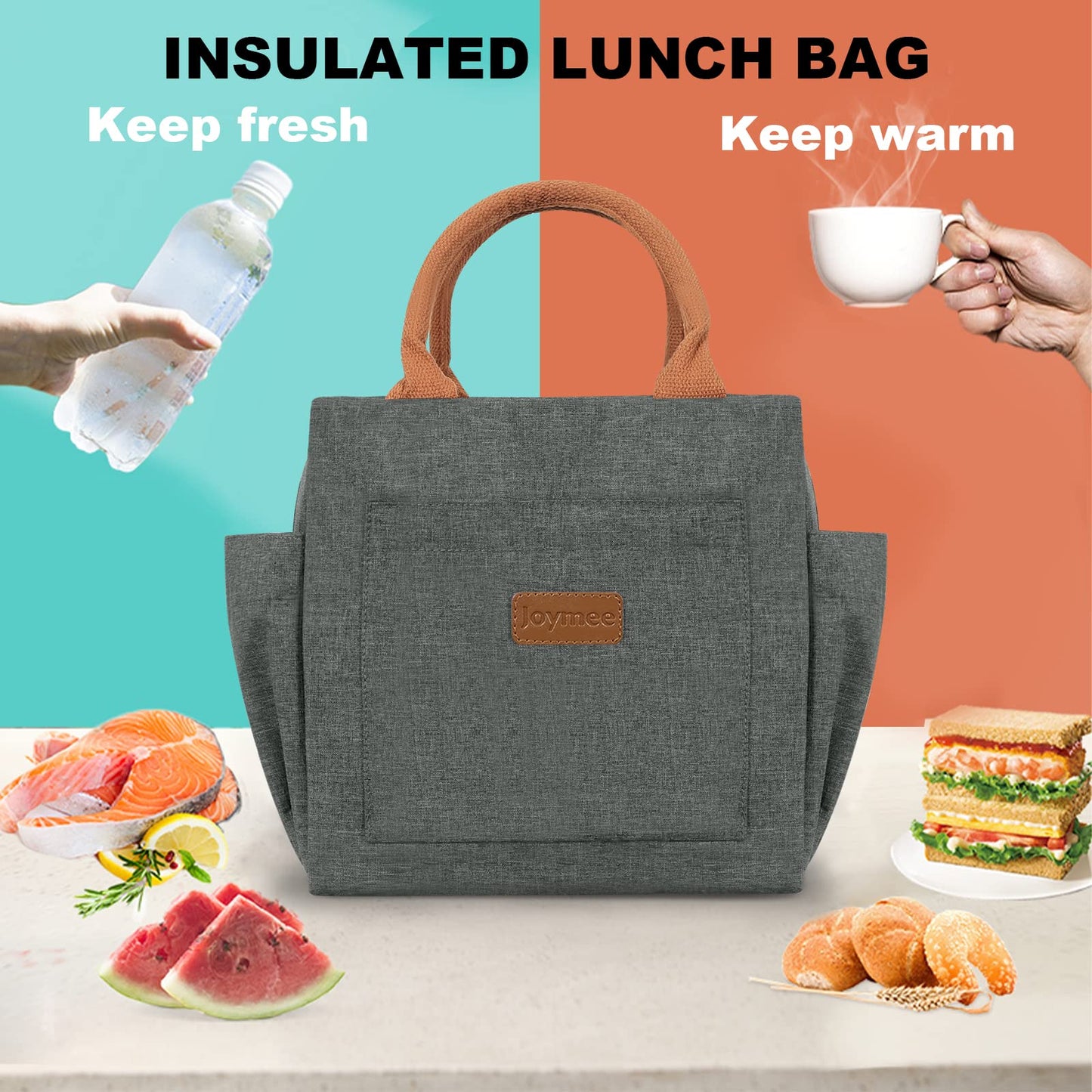 Joymee Lunch Bag Women Insulated Lunch Box Reusable Leakproof Large Spacious Cooler Tote for Womens Mens Adults with Bottle Holder and Side Pockets for Work Office Travel Picnic -Charcoal Gray