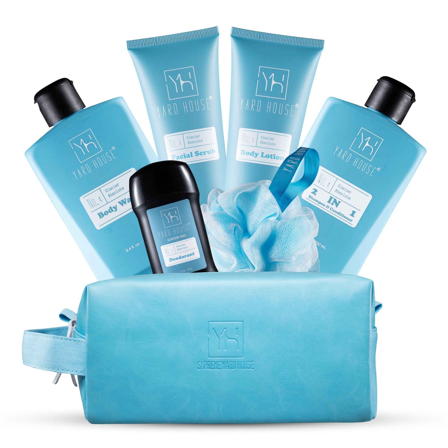 Yard House Bath and Body Mens Gift Set - Glacier Absolute - Premium Fathers Day Birthday Christmas Gifts Ideas For Him - Skin Care Kits For Men in Leather Toiletry Bag w. Full Size Items