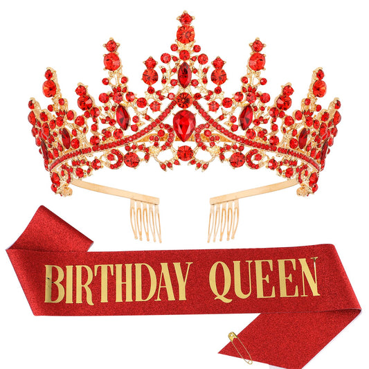 Tihebax Birthday Queen Sash & Rhinestone Tiara Red Gold Crown Birthday Sash and Tiara for Women Girls Princess Tiara Crown Birthday Accessories Glitter Birthday Sash Birthday Party Favors