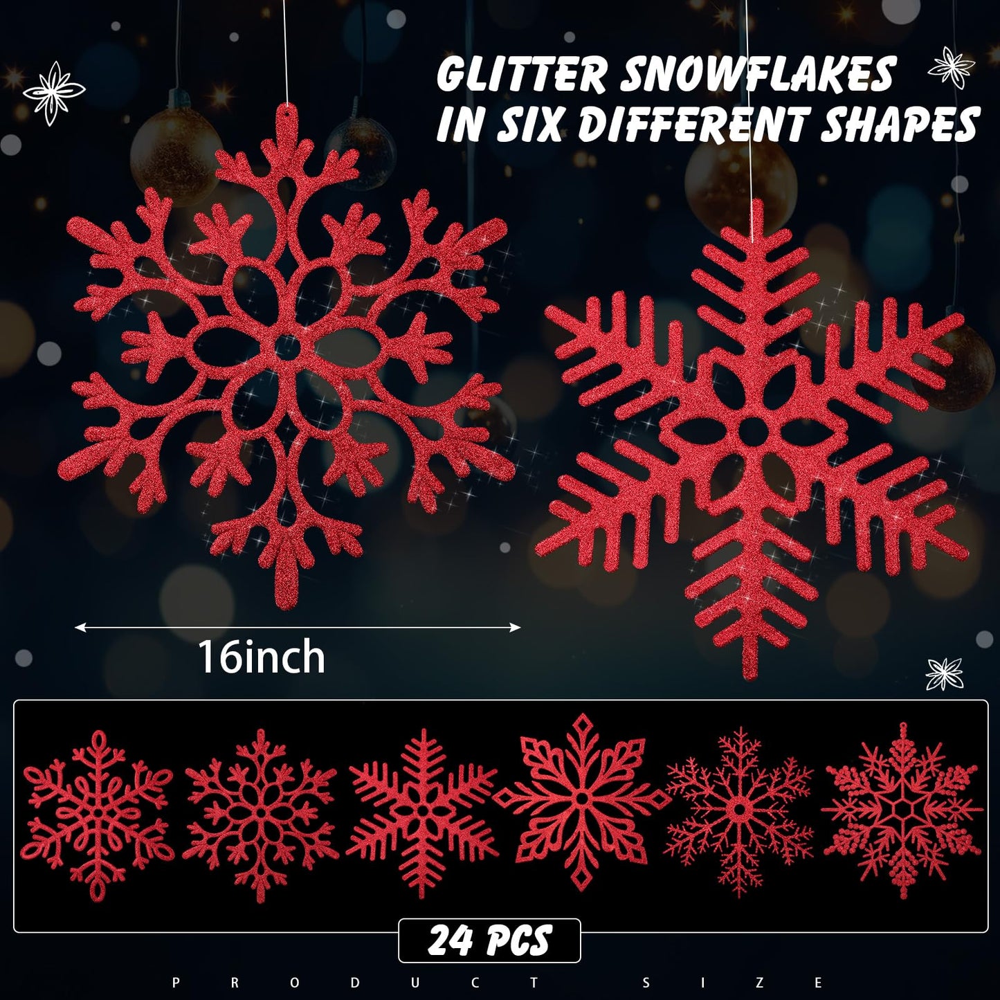 Sratte 16 Inch Large Snowflake Ornaments Giant Glitter Decorative Hanging Snowflakes 6 Designs Christmas Decorative Hanging Ornaments Winter Window Decor Snowflakes with Nylon Thread(Red,24 Pcs)