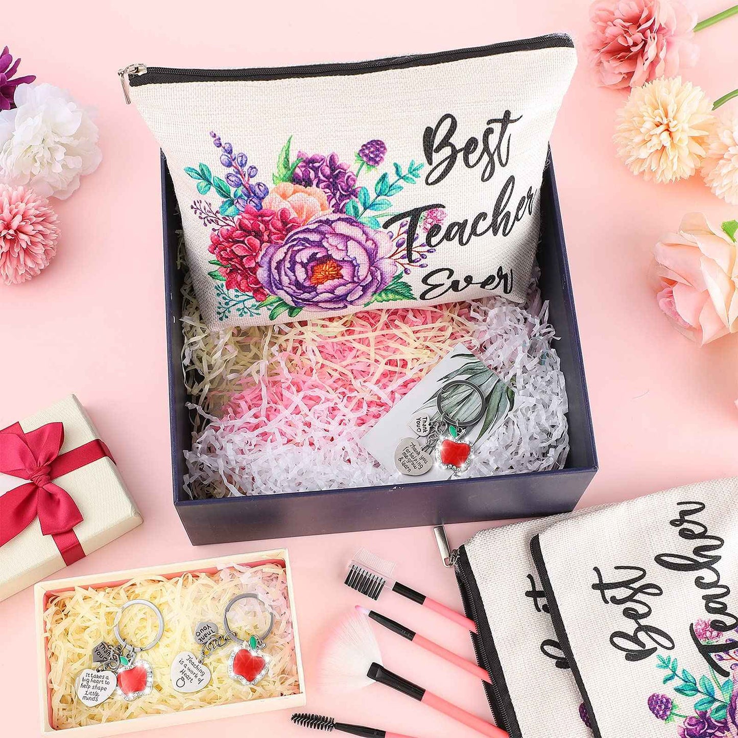 Frienda 6 Pack Christmas Teacher Appreciation Gifts for Women Bulk Xmas Teacher Gifts 3 Pcs Zipper Cosmetic Bags Canvas Makeup Pouch 3 Pcs Thank You Keychains Xmas Birthday Present(Flower Style)