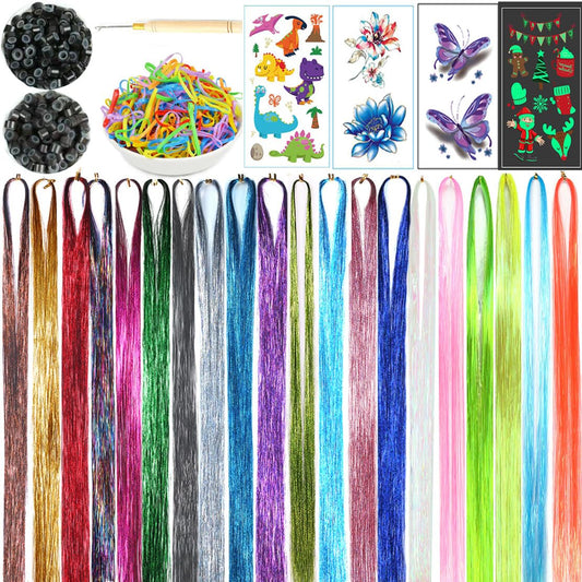 Hair Tinsel Kit with Tools 20 Colors 4400 Strands Heat Resistant Tinsel Hair Extensions for Women Kids Girls Sparkling Shiny Glitter Fairy Hair for New Year Christmas Halloween Cosplay Party