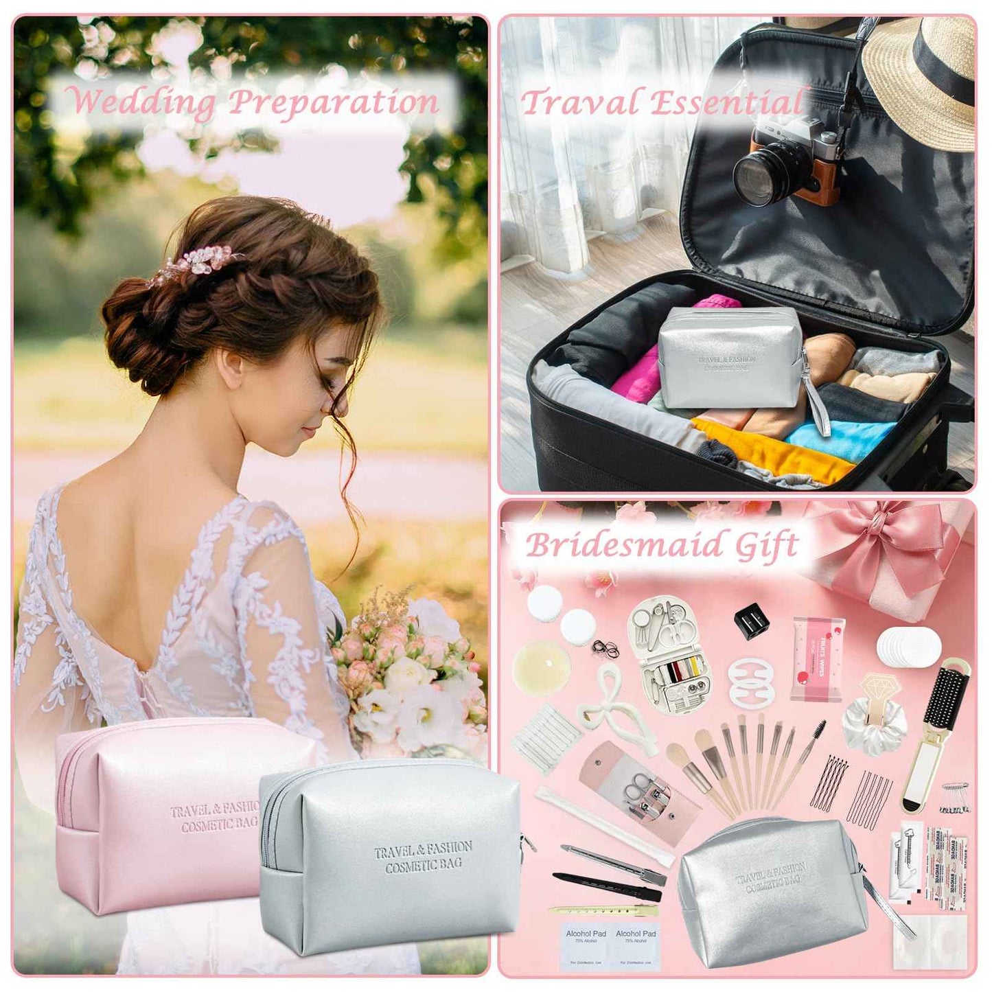 Bridal Emergency Kit for Wedding Day, Wedding Essentials Survival Set for Team Bride, Must-Have 50pcs Essentials Travel Kit with Makeup Bag(Sliver)