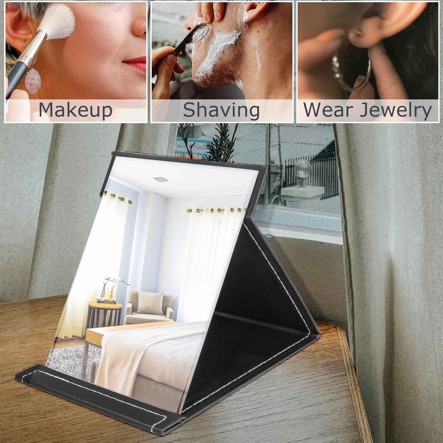 Yatnks 7x10 Inches Makeup Mirror, Portable PU Leather Folding Desktop Vanity Mirror with Adjustable Stand for Vanity Table, Office, Travel (L, Black)