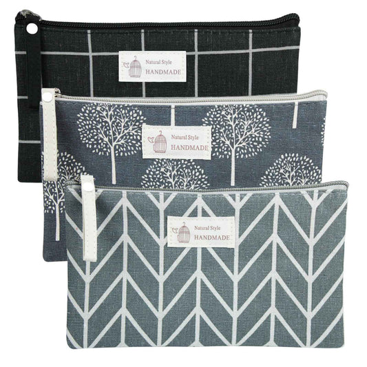 SHEHARUHI 3 Pcs Canvas Makeup Bags Set Cosmetic Small Bag Printed Cute Vacation Travel Toiletry Purse Zipper Pouch Multi-Function Bag Women Girls Favor