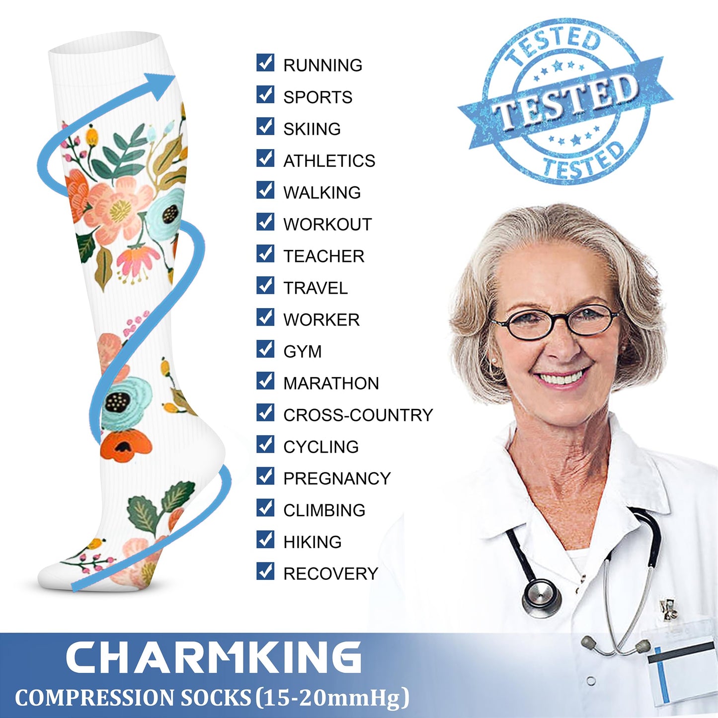 CHARMKING Compression Socks for Women & Men Circulation (3 Pairs) 15-20 mmHg is Best Athletic for Running, Flight Travel, Support, Cycling, Pregnant - Boost Performance, Durability (S/M, Multi 67)