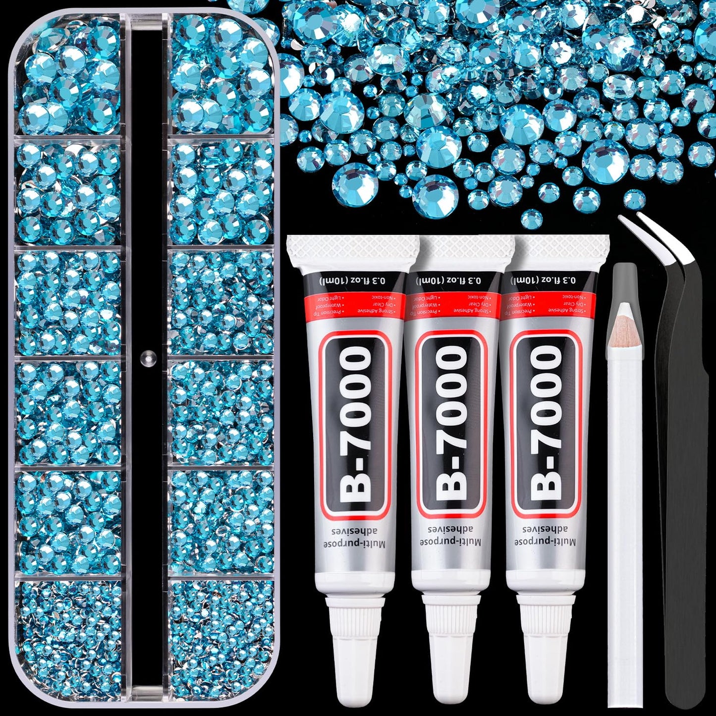 Resin Rhinestones for Crafting with B7000 Jewelry Glue, 1 Box Indicolite Flatback Crystals with 3Pcs 10ml Glue for Bedazzling Crafts DIY Nail Art Makeup，Non Hotfix Gems for Clothing Shoes