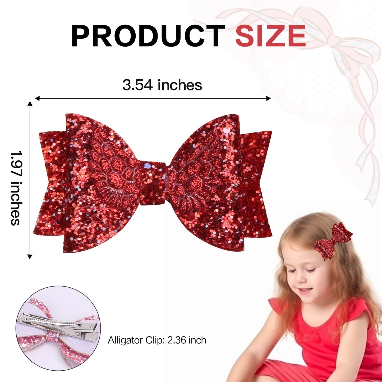 Glitter Hair Bows with Angel Wing Design, 3.54 inch Sparkling Hair Bow Clips Non Slip Alligator Hair Clip Sequin Boutique Bows for Girls 4-6 8-12 Toddlers Teens, Red